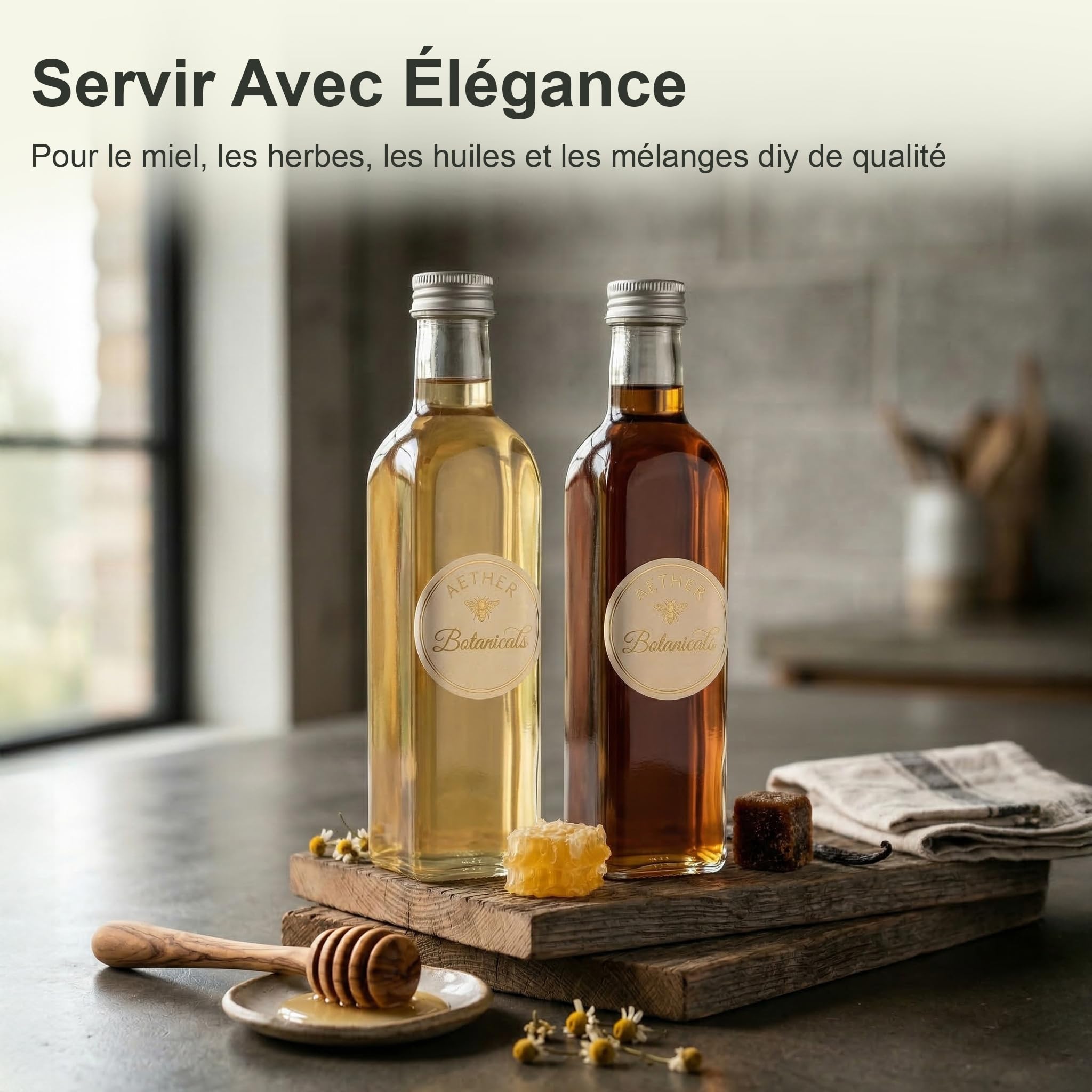 24 Bouteille 250ml Verre Carrée Bouchon – Rhum Arrangé Liqueur Sirop Huile – Cadeaux avec Étiquettes