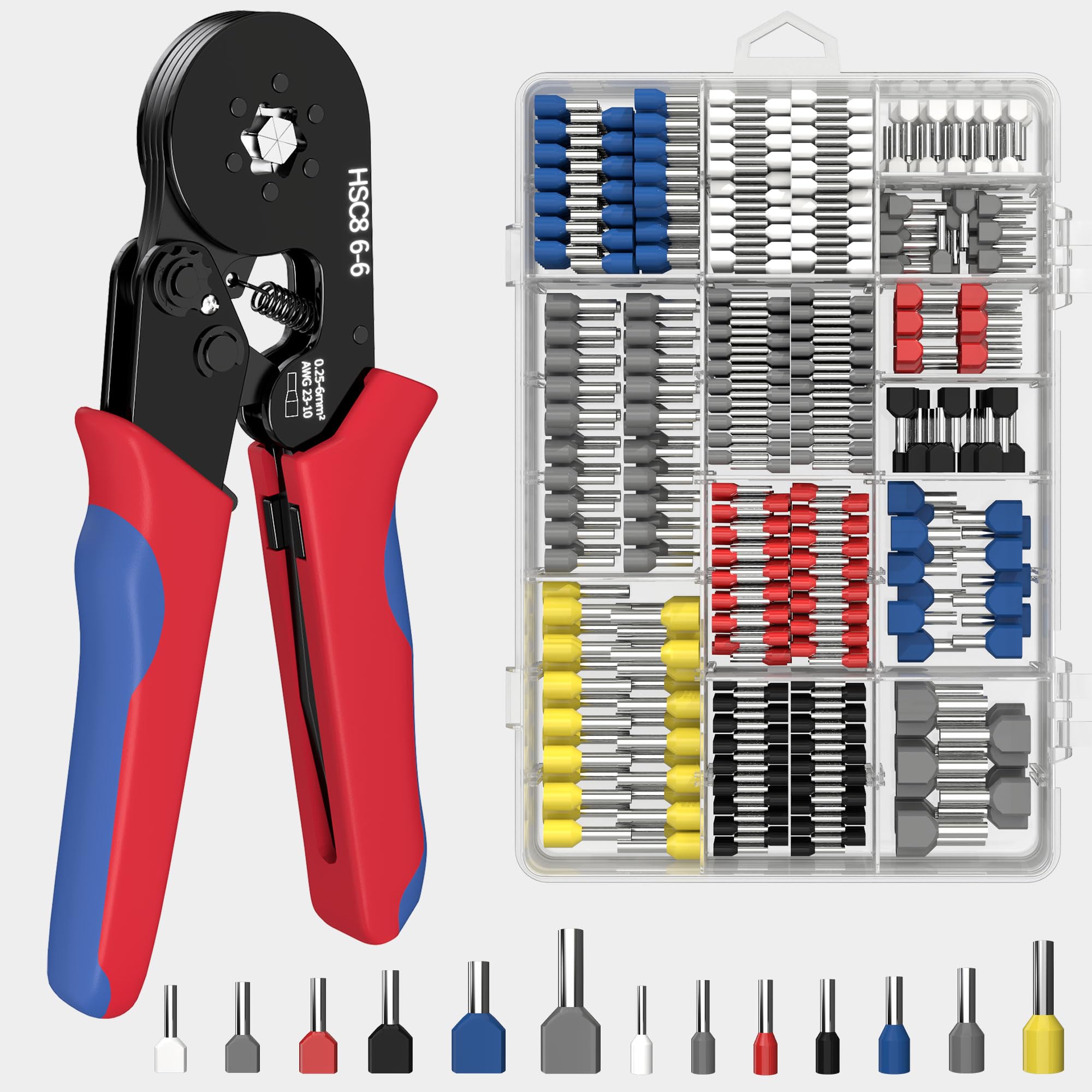 Pinza Crimpatrice Capicorda con 1230pcs Cavo Connettori, 0,25-6 mm²,Strumenti di Crimpatura Pinza a Lati per Cavi a Cricchetto Autoregolabile 6-6 AWG 23-10