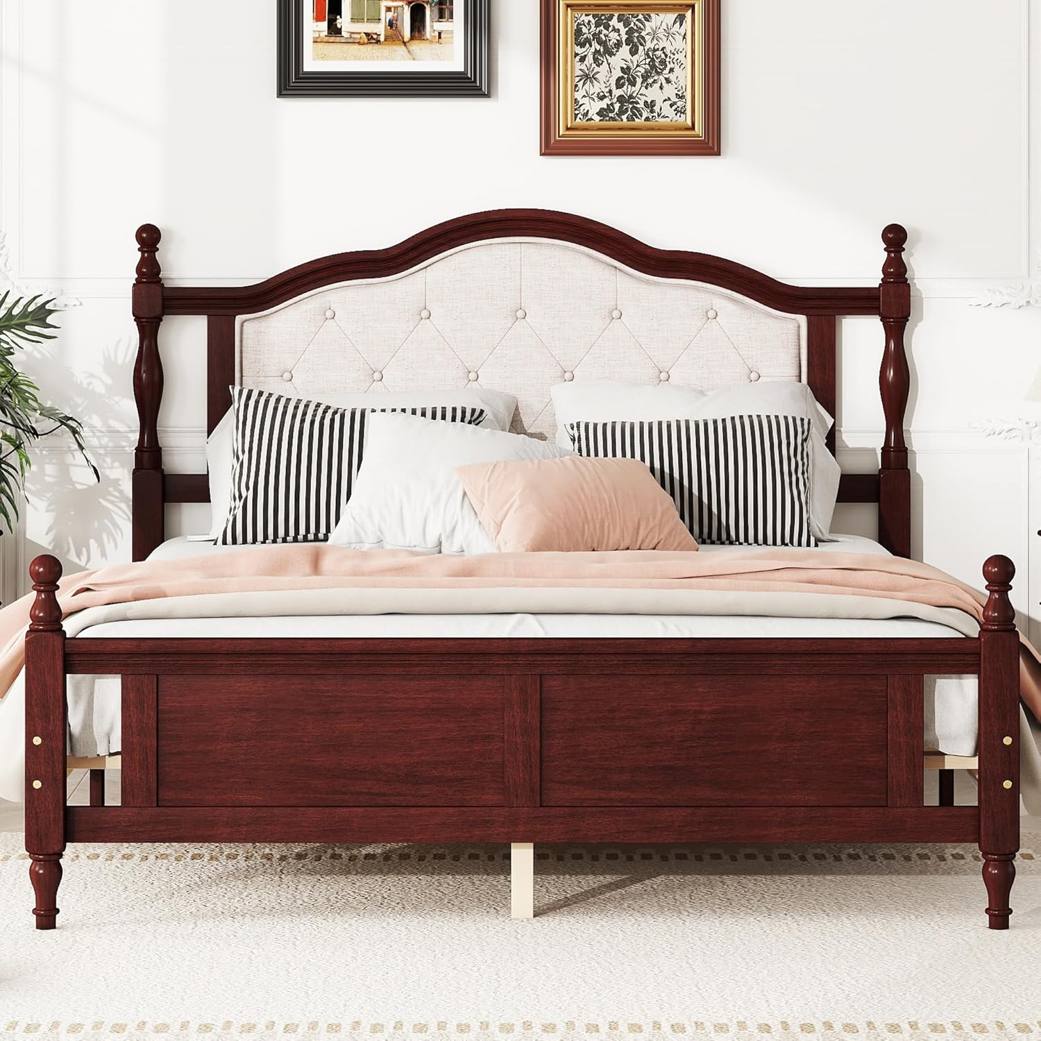 Queen Size Bed Frame with Upholstered Headboard, Solid Pine Wood Platform Bed, Panel Footboard, Heavy Duty Support, No Box Spring Needed, Vintage Style, Walnut