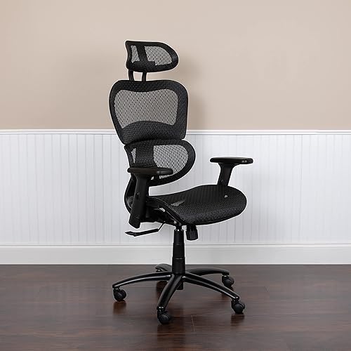 Miniatura 2 de Flash Furniture LO Silla de oficina ergonómica de malla con inclinación sincronizada 2 a 1, reposacabezas ajustable, soporte lumbar y brazos