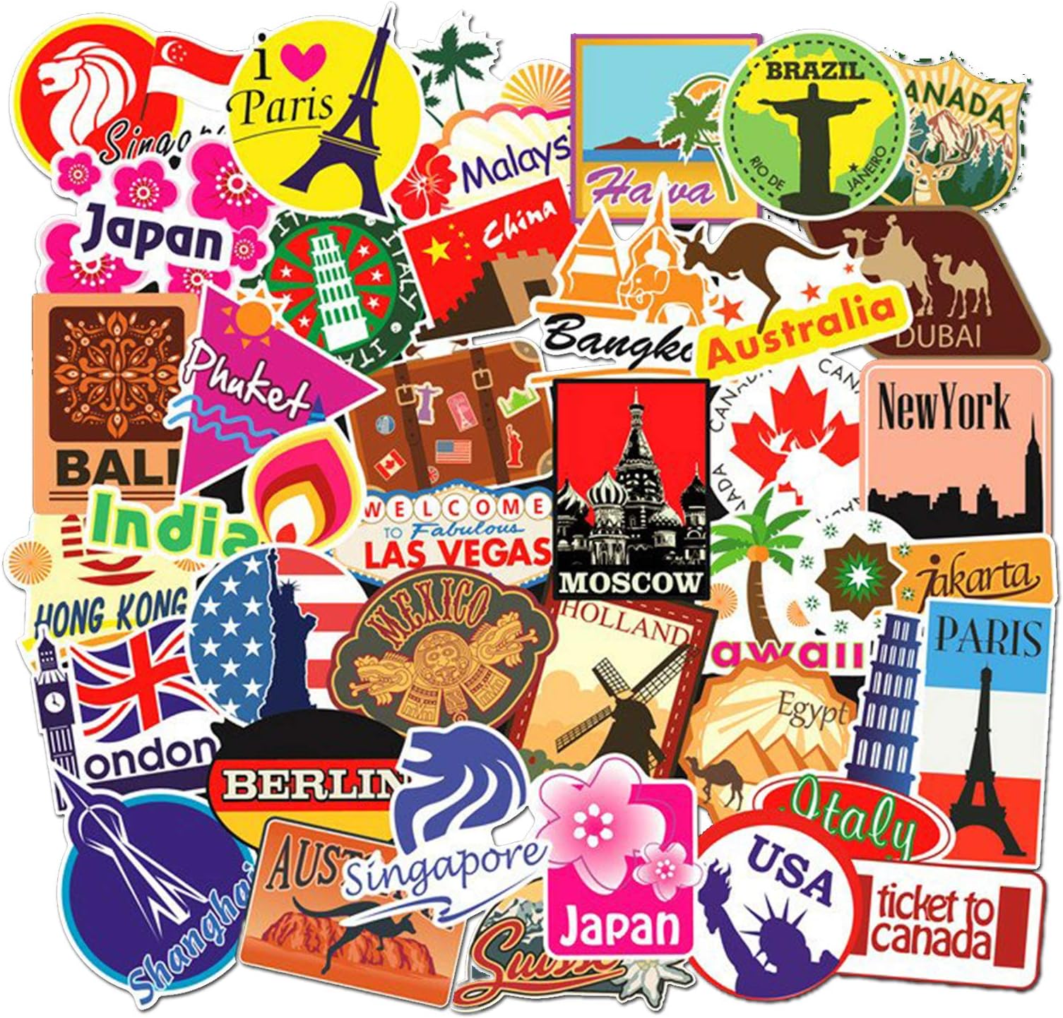 Travel Stickers Decals World Famous Tourism Country Decals Pack Waterproof Tourist Wonders Sticker 100pcs