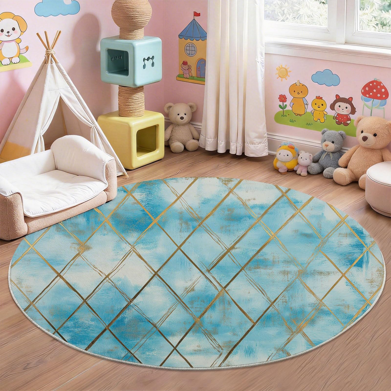 Tappeto rotondo morbido, motivo geometrico a rombi, beige, blu, lavabile, non perde pelo, stile vintage, 90 cm, per cucina, comodino, camera da letto