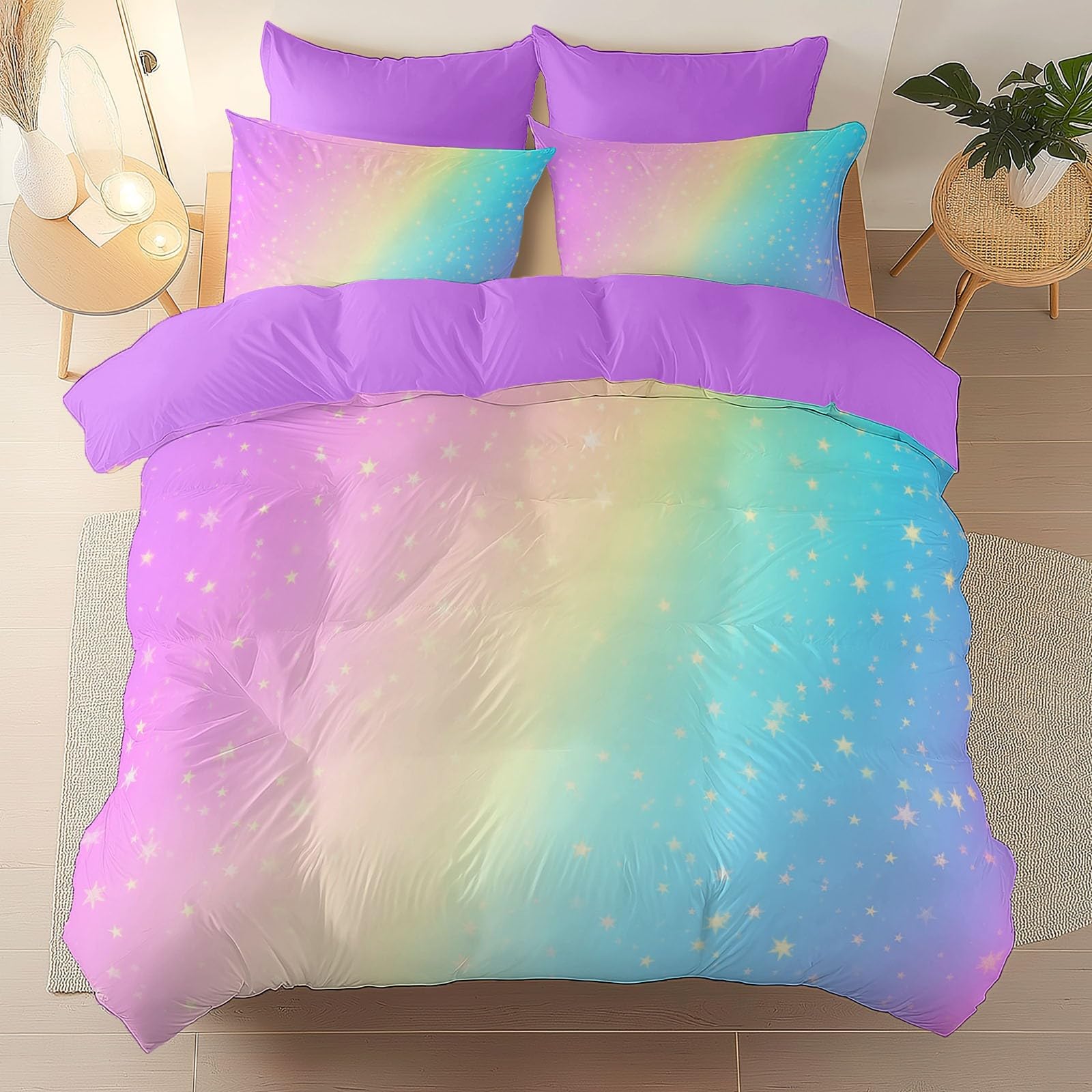 Parure de lit 240x260 violette avec housse de couette et taies d'oreiller arc-en-ciel