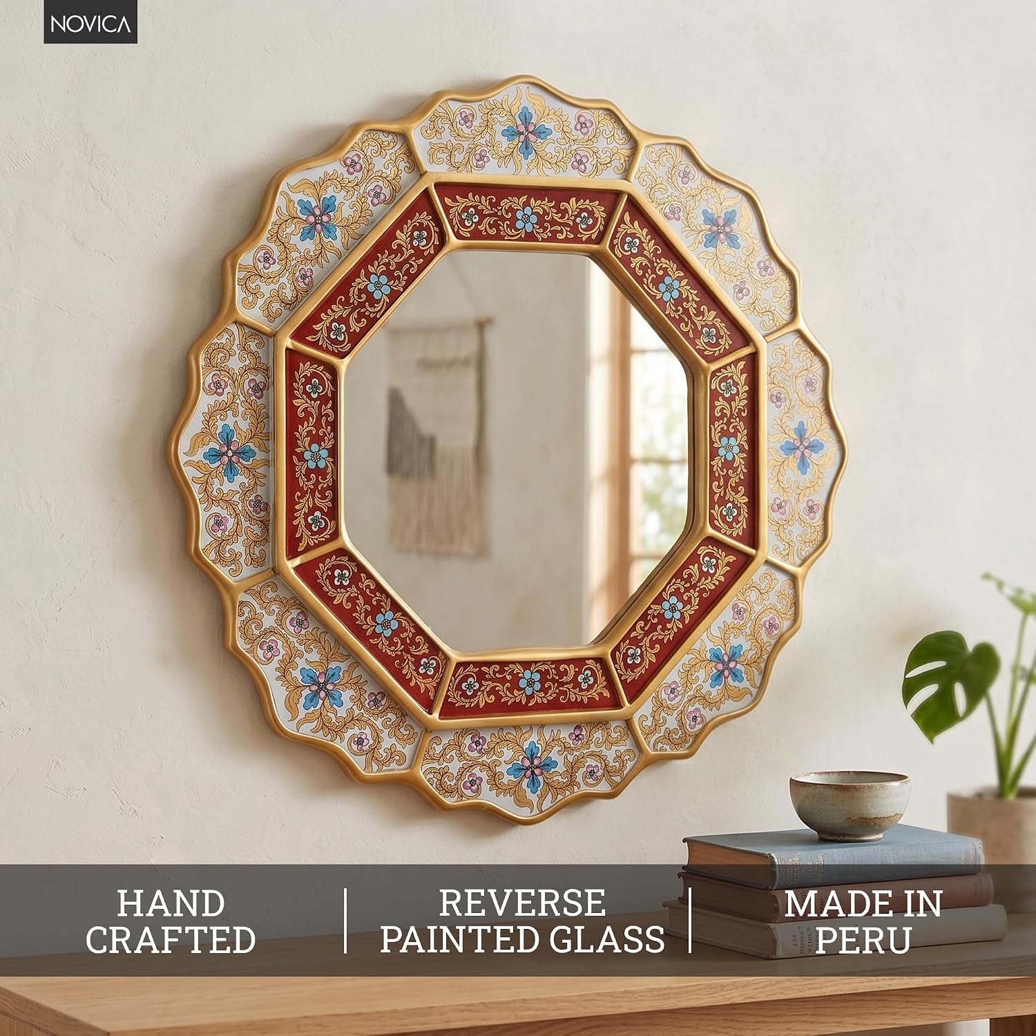 NOVICA White And Red Reverse-Painted Glass And Wood Framed Wall Mounted Round Mirror, 'White Star' image 4