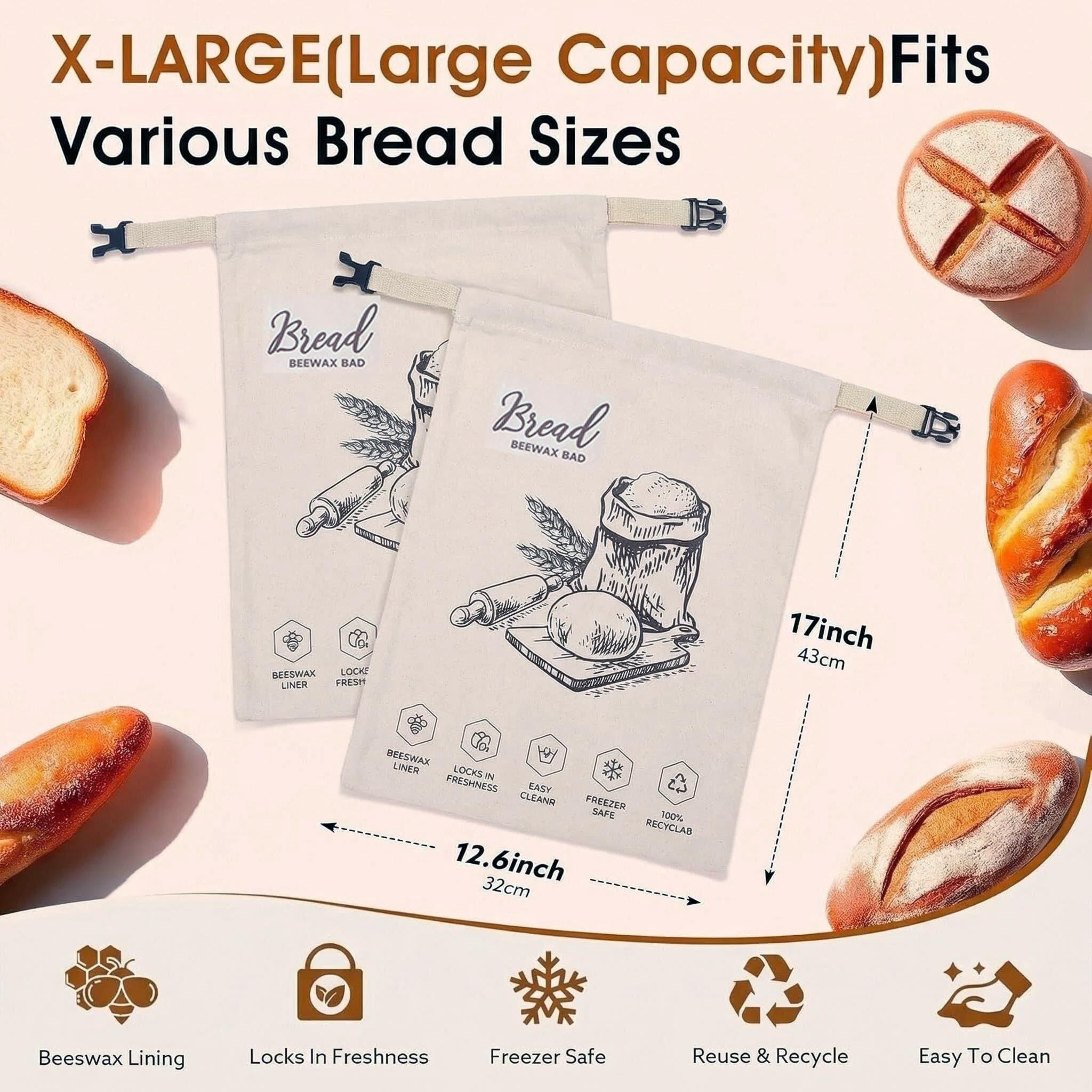 2 Stück extra große Bienenwachs-Brotbeutel mit Reißverschluss - Wiederverwendbare Baumwoll-Leinen-Brotaufbewahrungsbeutel mit natürlichem Bienenwachs-Futter für Sauerteig & Handwerkerbrote (weiß) - 3
