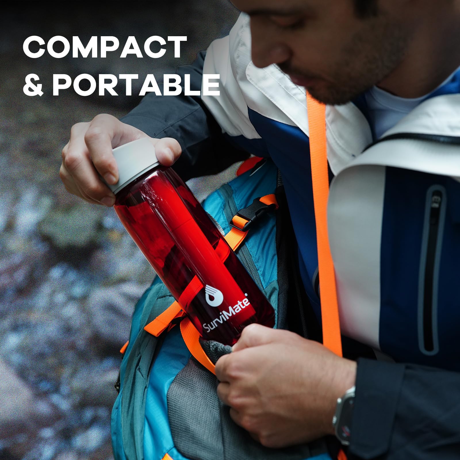 SurviMate 5-stufige 0,01 μm Ultra-Filtrations-gefilterte Wasserflasche, BPA-freies Material, NSF/ANSI 42 & 372 zertifiziert, tragbare Wasserfilterflasche für Survival, Camping, Wandern und Notfall