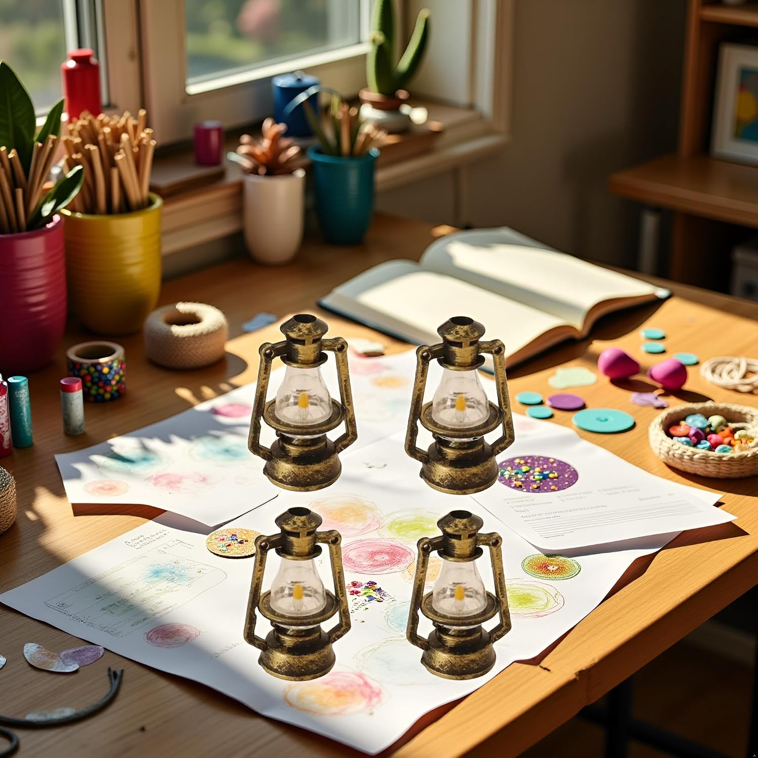 4-Pcs Mini Retro Kerosene Lantern Ornaments - Vintage Oil Lamps for Christmas Tree, Dollhouse, and Home Decor, Miniature Hanging Lanterns for Micro Landscape, Party Decorations, and Holiday Crafts