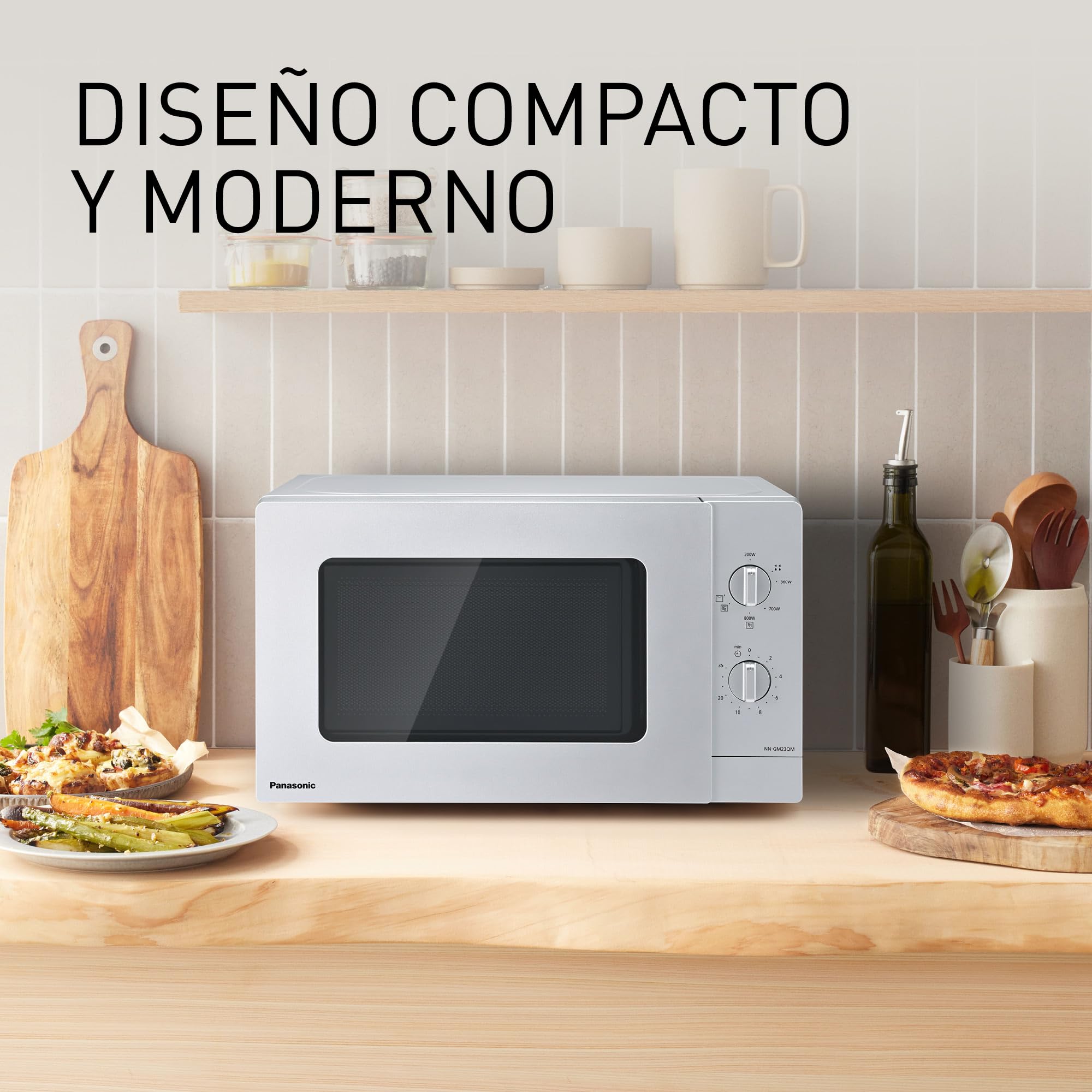Panasonic NN-GM23QMEPG Horno Microondas Grill de 20 L con Bandeja De Vidrio y Rejilla, 800 W, Grill de 1000 W, Ajuste De Descongelación, Botón Giratorio, Quick 30, Temporizador, Plata