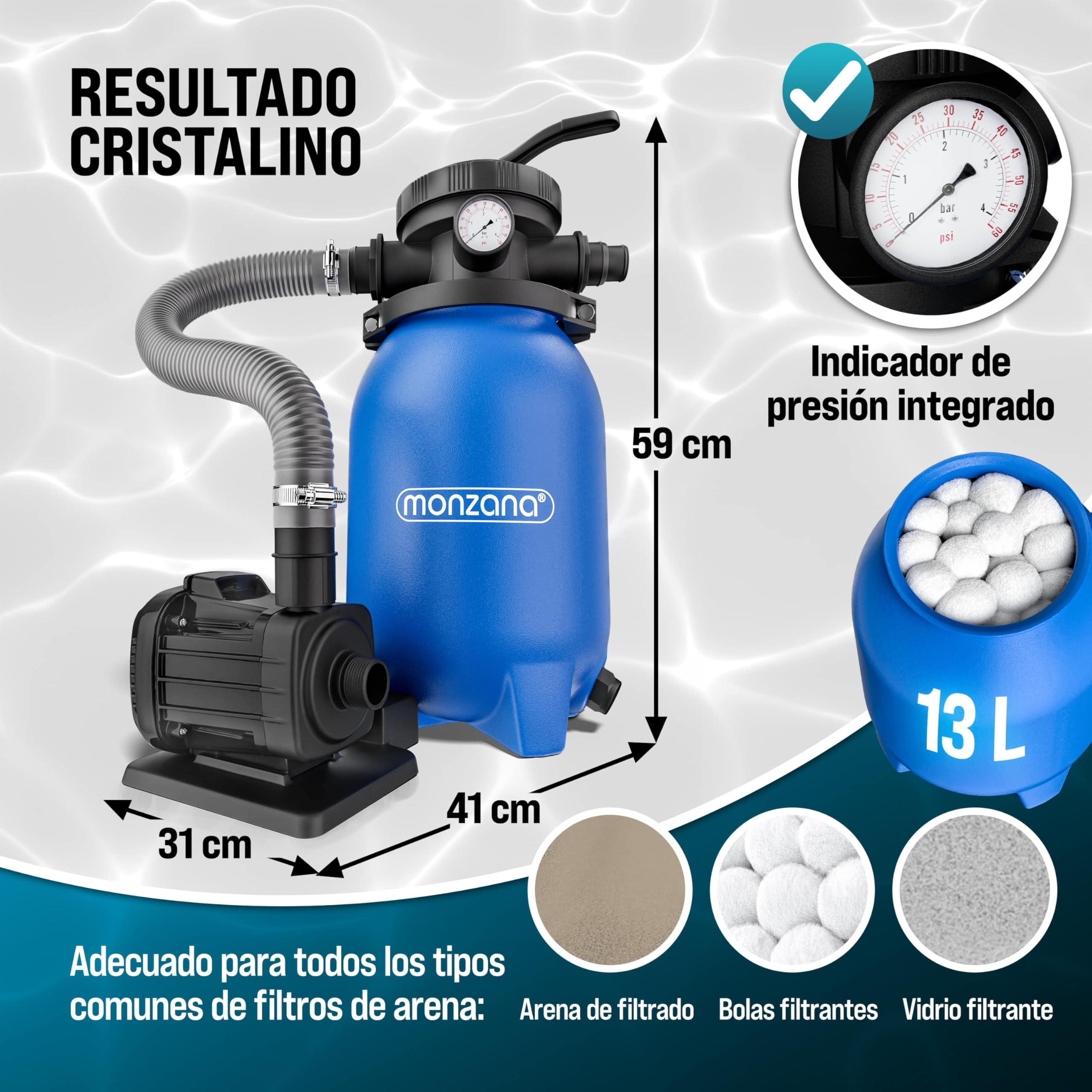 MONZANA® Depuradora Piscina 5000 L/h Filtro de Arena hasta 15.000 L con Bolas de Filtro Válvula 7 Funciones Filtrado Adaptador Ø32-38mm 180W Bomba Indicador de Presión