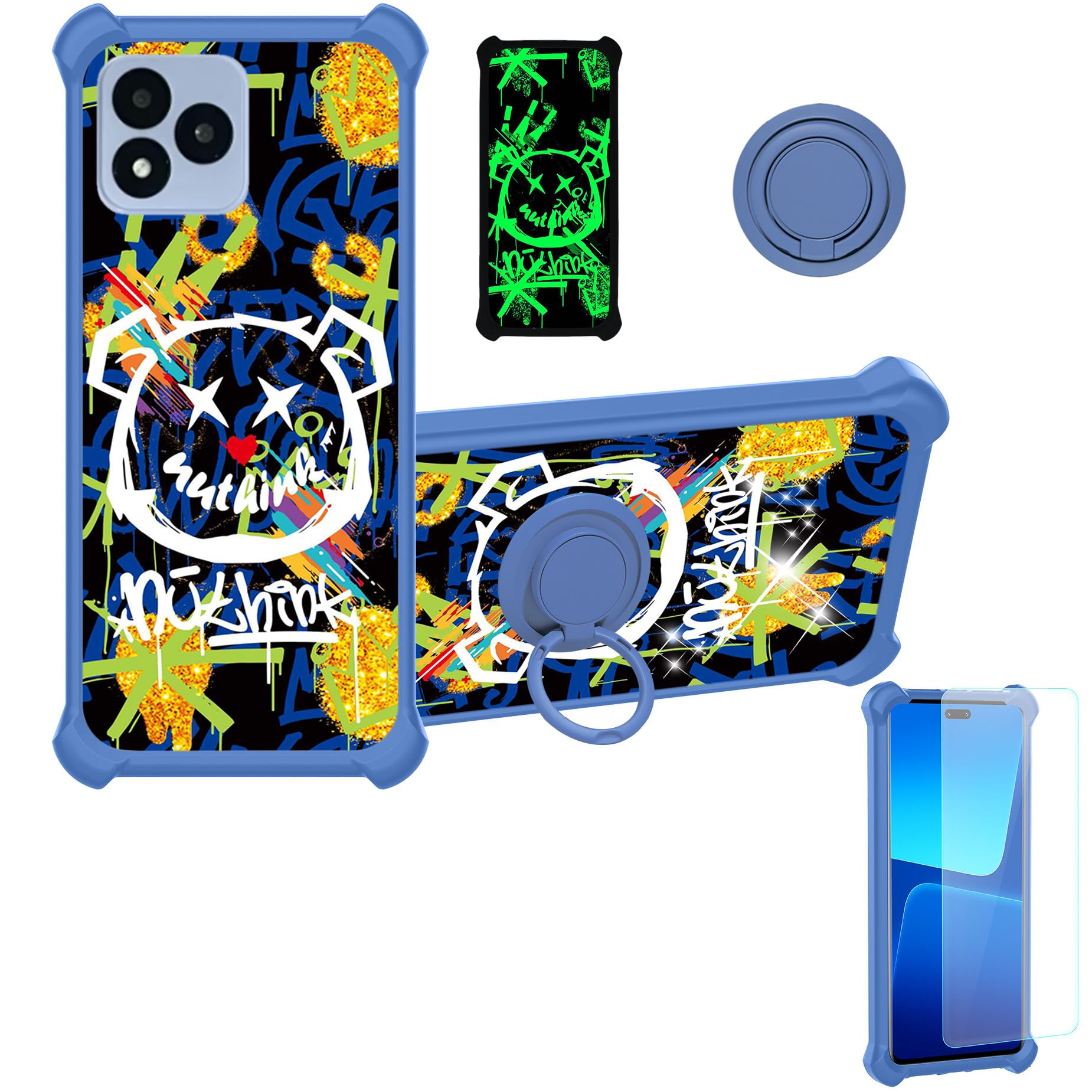 jioeuinlyCase Compatible for Vortex J24 Phone Case Cover [with Tempered Glass Screen Protector][Hard PC + Soft Silicone][Ring Support] [Gold Glitter+Luminous] JSL-TYX