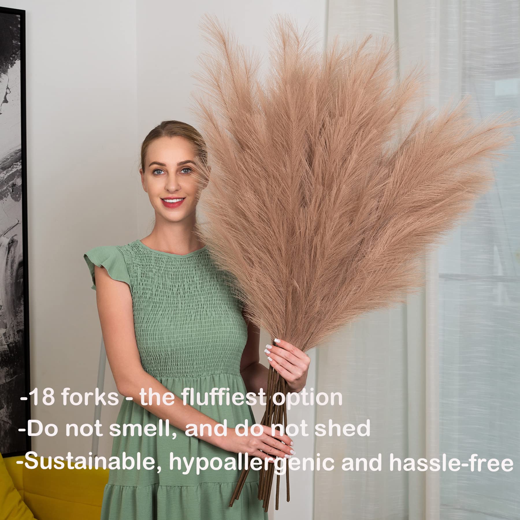 Dekoracja trawy pampasowej, wysoka, 110 cm, sztuczna trawa pampasowa, 6 łodyg, duże gałązki trawy, wysokie, luzem, boho, kompozycja kwiatowa do domu, pokoju, dekoracja weselna (taupe)