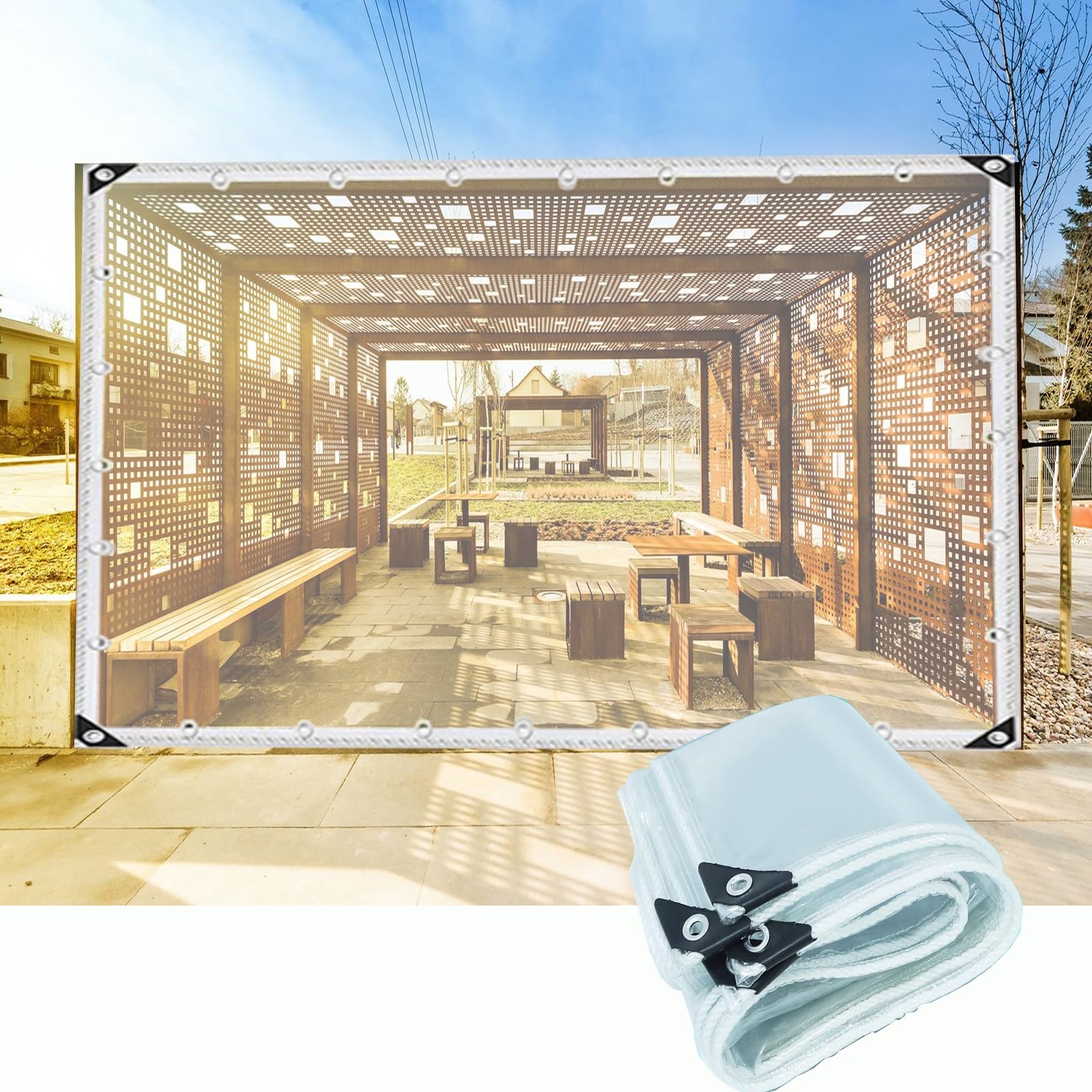 Telone Impermeabile in PVC con Occhielli, Telone Trasparente per Gazebo da Giardino 420g/㎡ Copertura per Piante Resistente per Serre (1x4.5m/3.28x14.76ft)