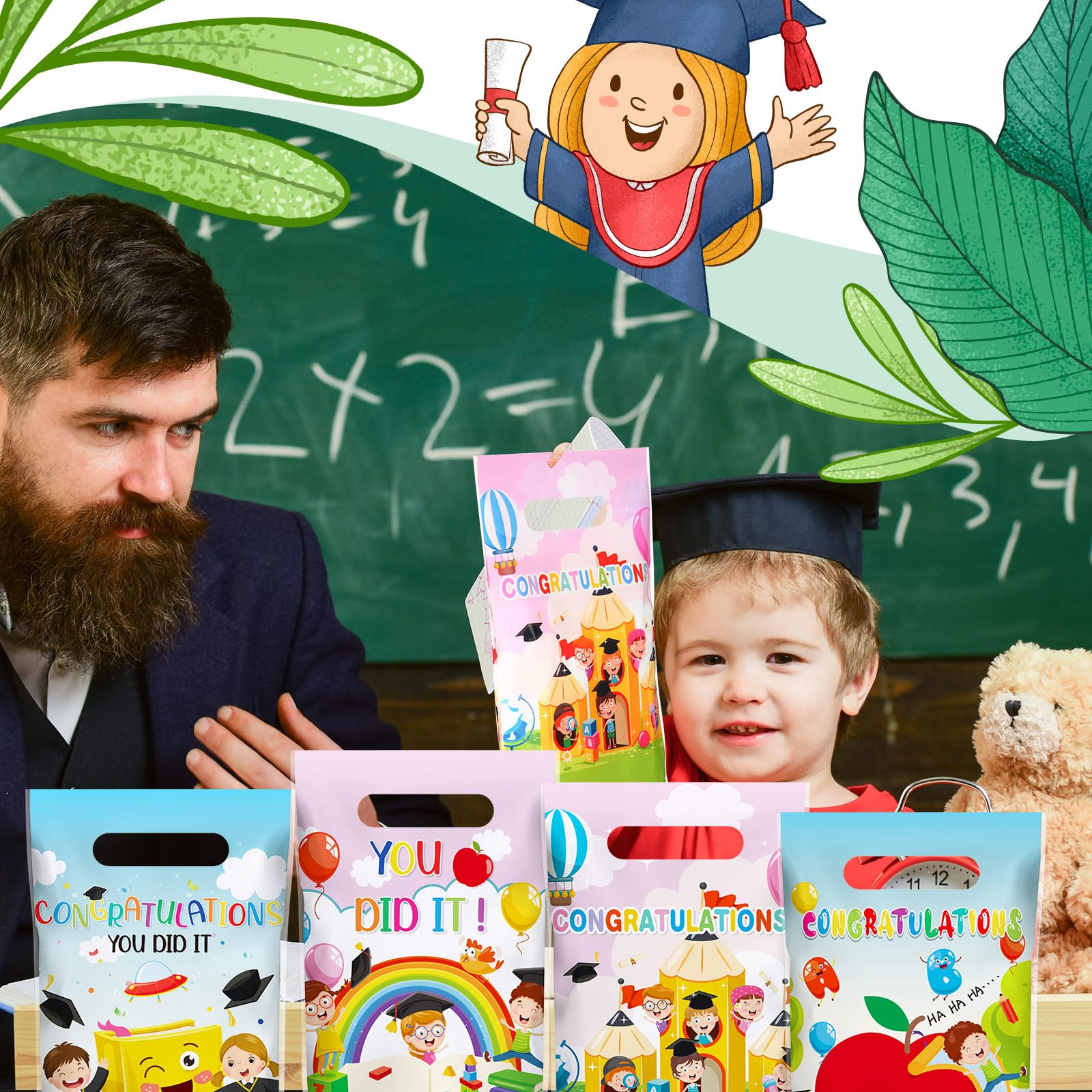 Chivertion 100 Pcs Preschool Graduation Plastic Gift Bags Bulk Kindergarten Graduation Merchandise Treat Bags with Handle for Kids
