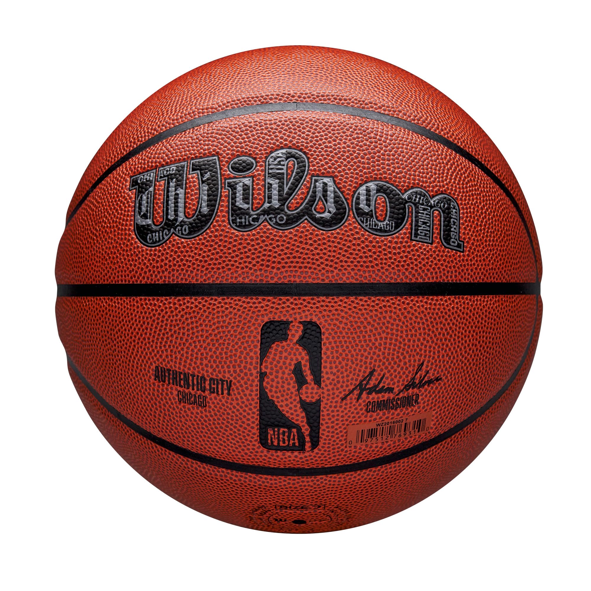 Wilson Balón de Baloncesto NBA Authentic City, Ciudad de Chicago, con Tecnología Ever Bounce, Capa de Control de Inflado y Superficie Pure Feel, para Agarre Mejorado, Color: Marrón, Talla: 7