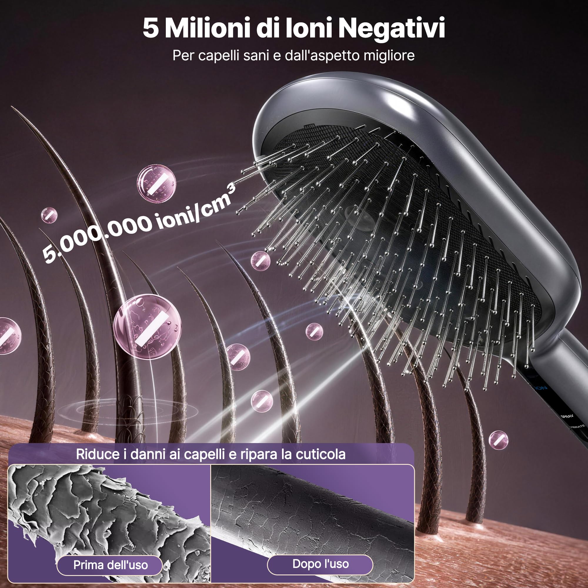 Spazzola a Vapore Capelli | Multifunzionale spazzola lisciante per capelli | 5M ioni Negativi, Massaggio, Luce Rossa 630‑650 nm, Vapore, Setole Antistatiche Cuscinetto Aria, Districante Delicato