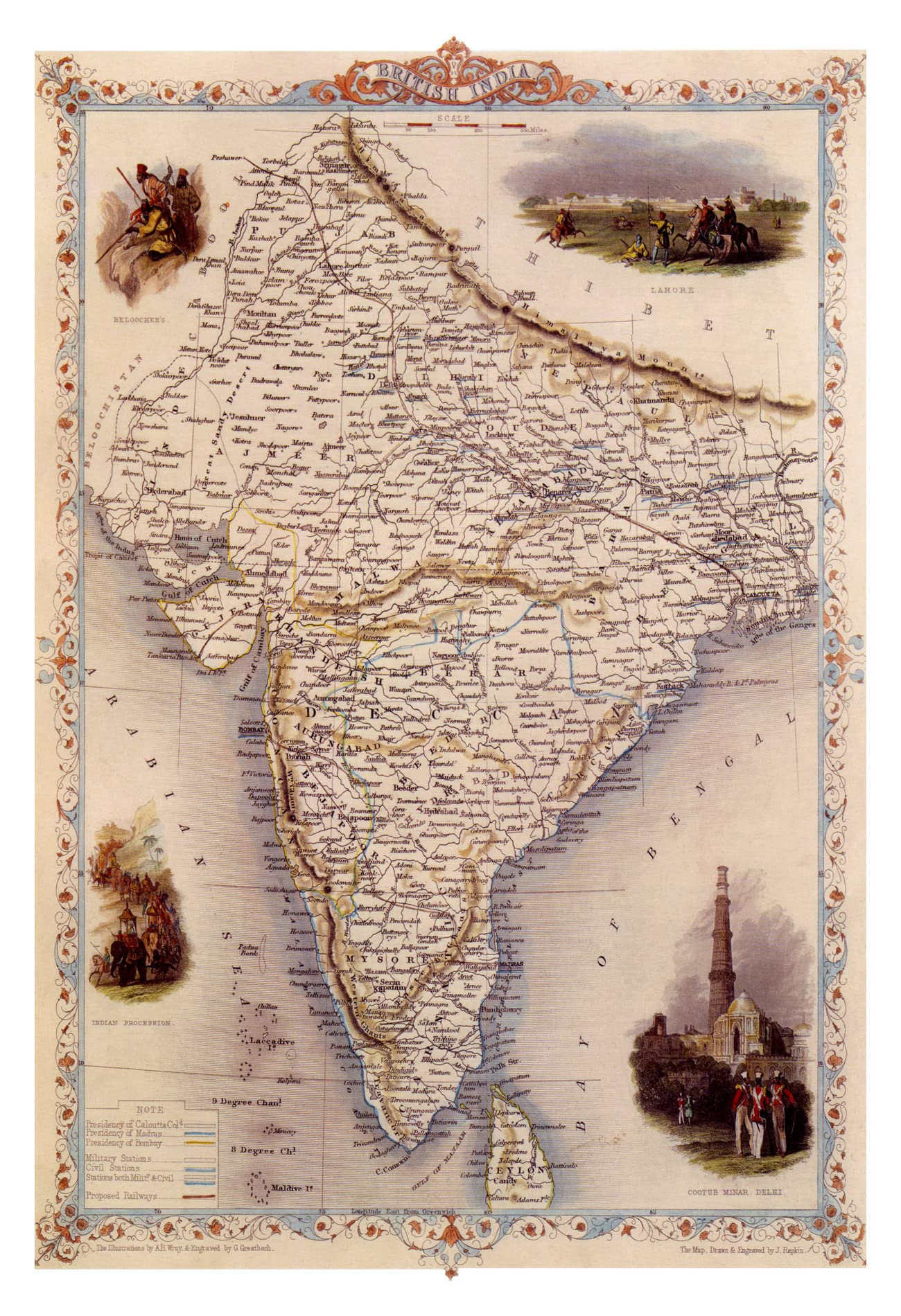 British India Lahore Victory Tower Qutub Minar Delhi Indian Procession Beloochee's Map 12" X 16" Image Size Vintage Poster on matte paper