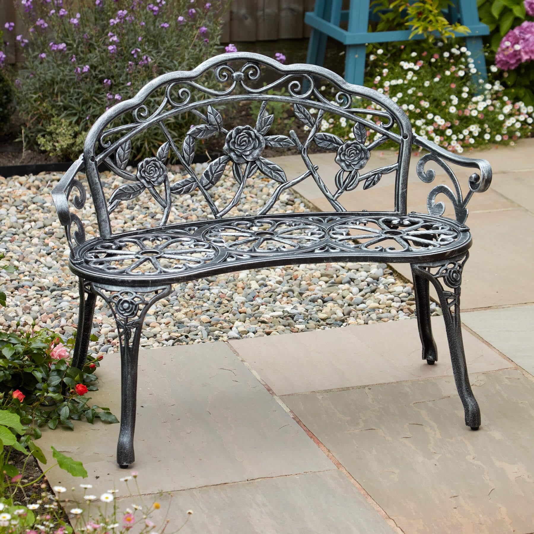 Home Source Cast Iron Garden Bench Metal Frame Patio Chair Outdoor Seating, Grey, 2 Seater