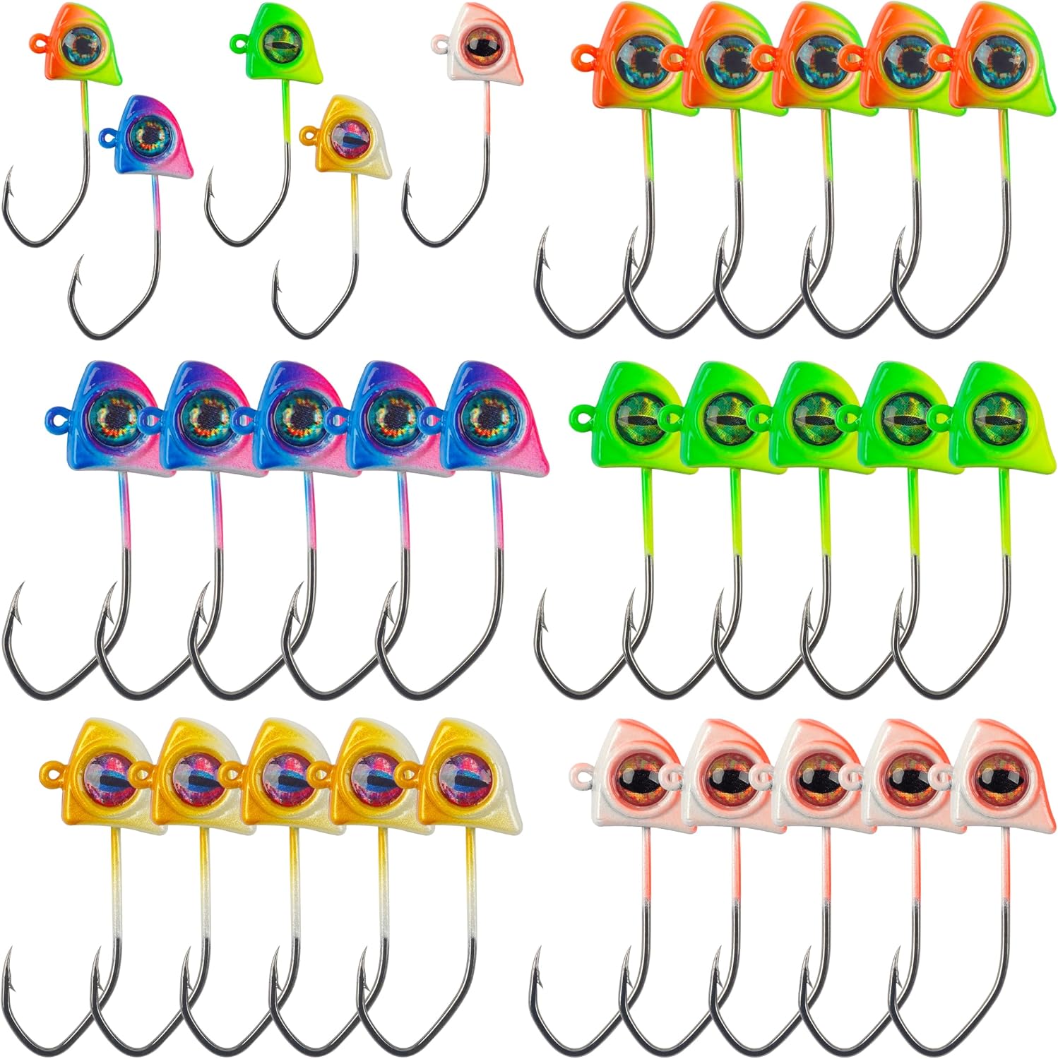 Crappie Jig Heads, 25pcs Fishing 3D Big Eye Jigs with High-Carbon Steel Hooks 1/32oz 1/16oz 1/8oz for Panfish Bluegill Walleye