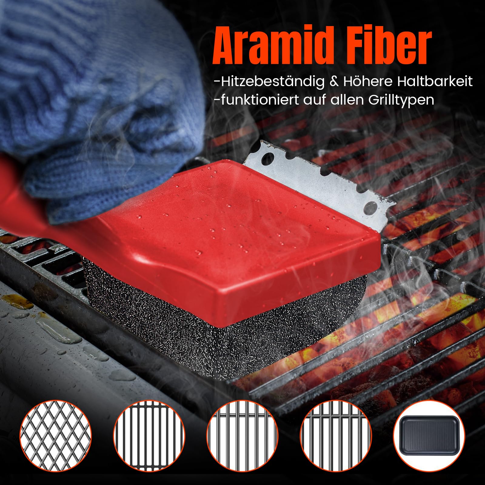 Grillbürste ohne Metallborsten, ANJUKE 4-in-1 Sichere Dampf-Grillbürste für Gussrost mit Edelstahl Spatel und Austauschbar Grillbürstenkopf, für Gasgrill, Holzkohlegrill, Kugelgrill（Rot）