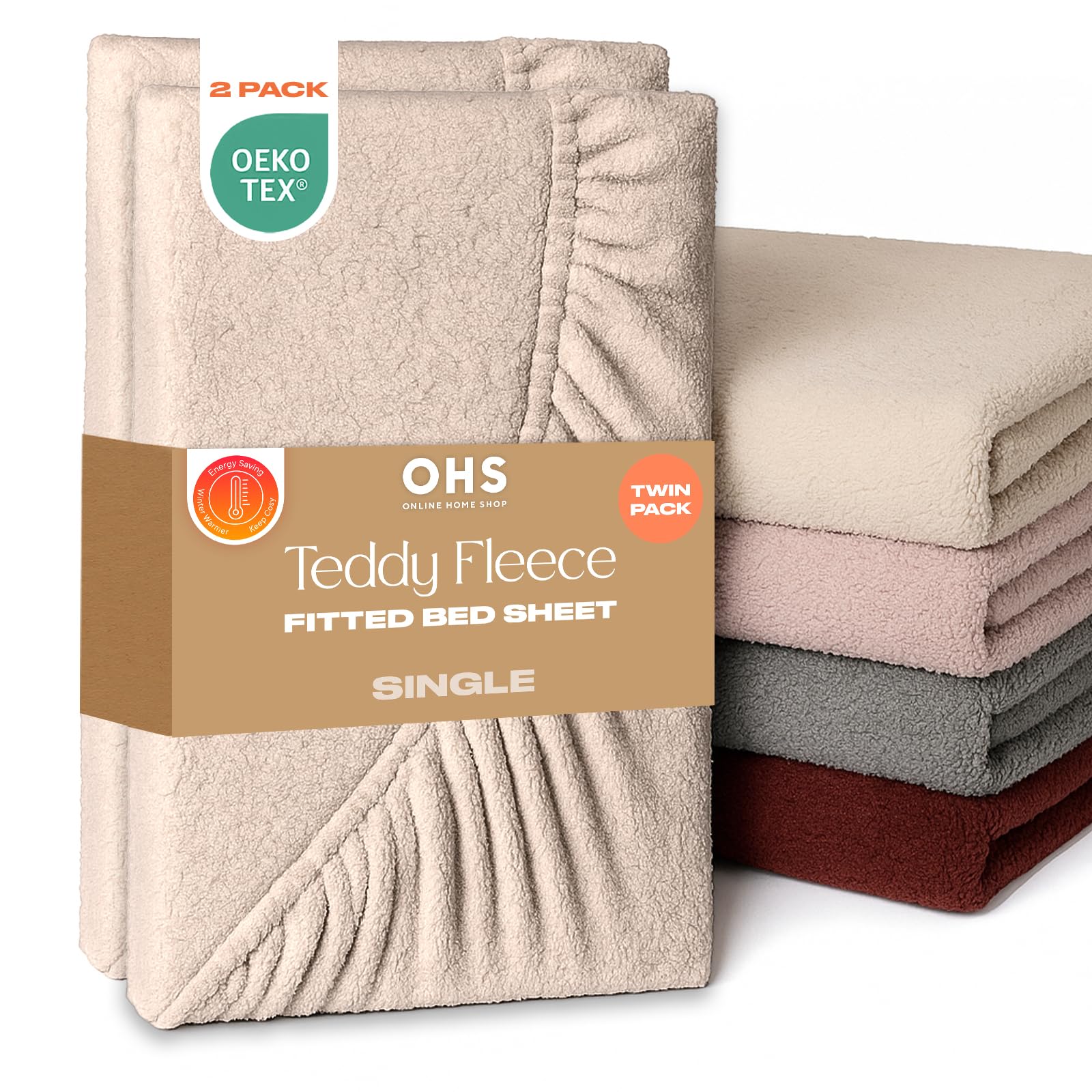 Brentfords Natural 2 Pack Fitted Sheet Single, Soft Warm Thermal Teddy Fleece Fitted Sheet Deep Pocket 25Cm Fade Resistant Cuddly Cosy Fluffy Teddy Bear Bedding 2 Pack, Latte Taupe - Single