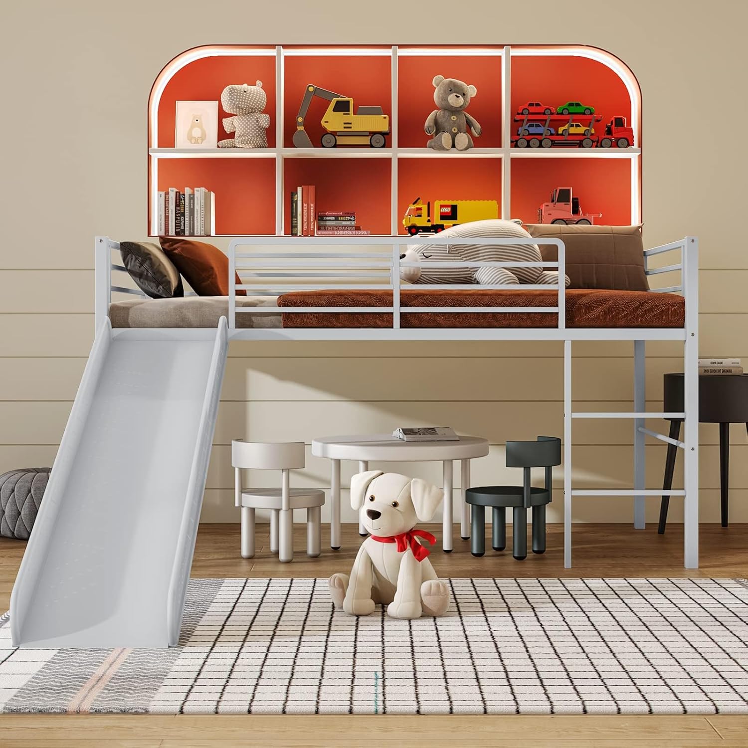 DORTALA Twin Loft Bed with Slide showing under-bed space
