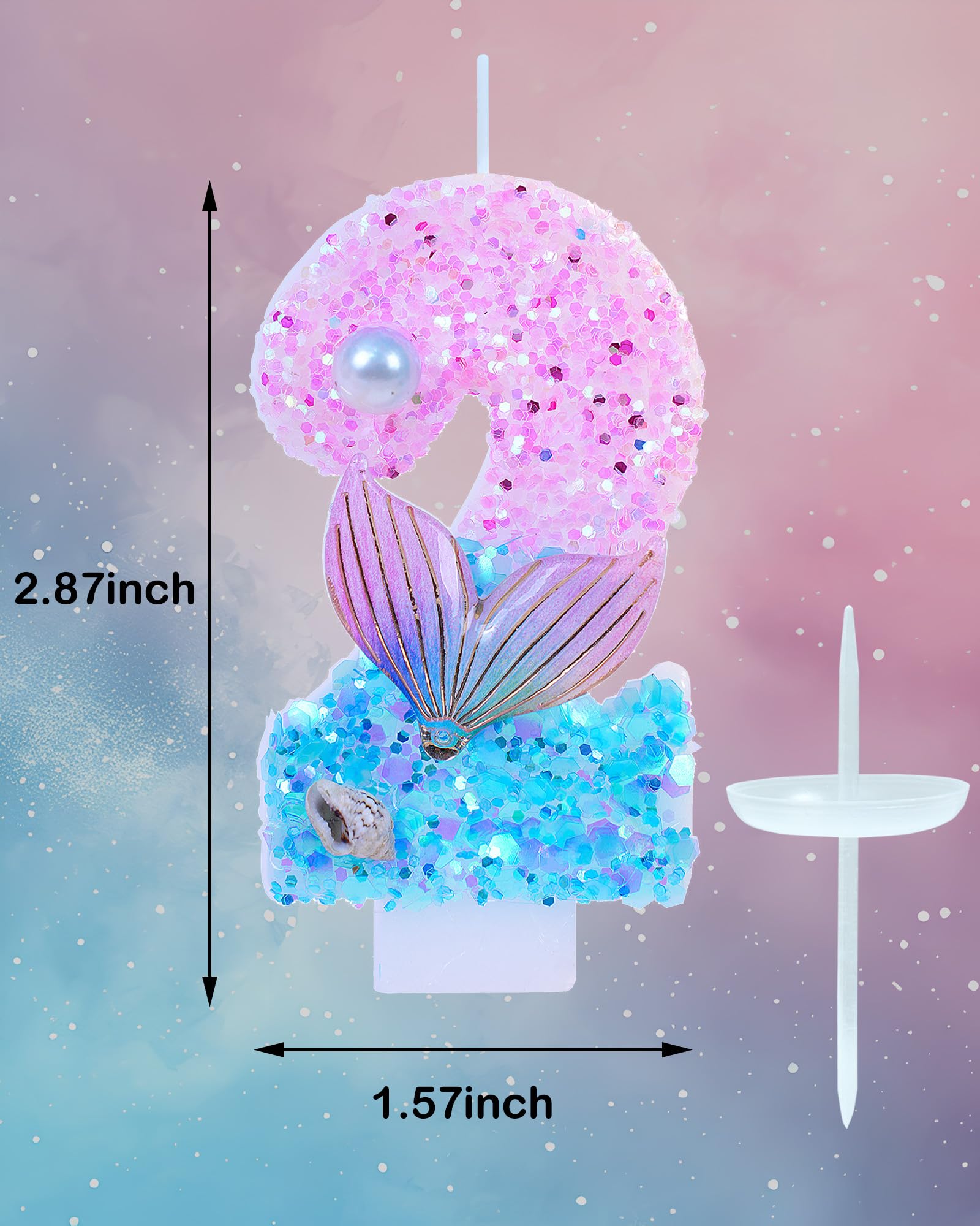 Bougies d'anniversaire à paillettes sur le thème de la sirène, numéro 2 pour filles, décoration de fête d'anniversaire de mariage, décorations de gâteau de 7,3 cm (thème sirène, numéro 2)