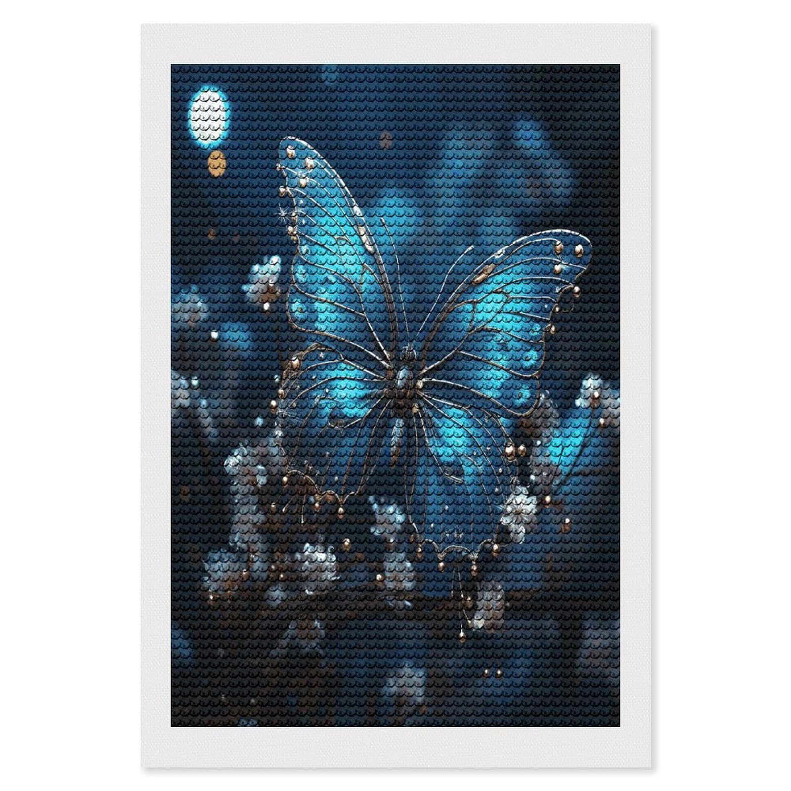 Blue Butterfly and Moon Diamond Art Kits for Adult Round Full Drill Diamond Dots Paintings for Beginner Picture Art DIY Diamond Painting Kits 5D Diamond Art Painting for Home Wall Decor 8"x12"