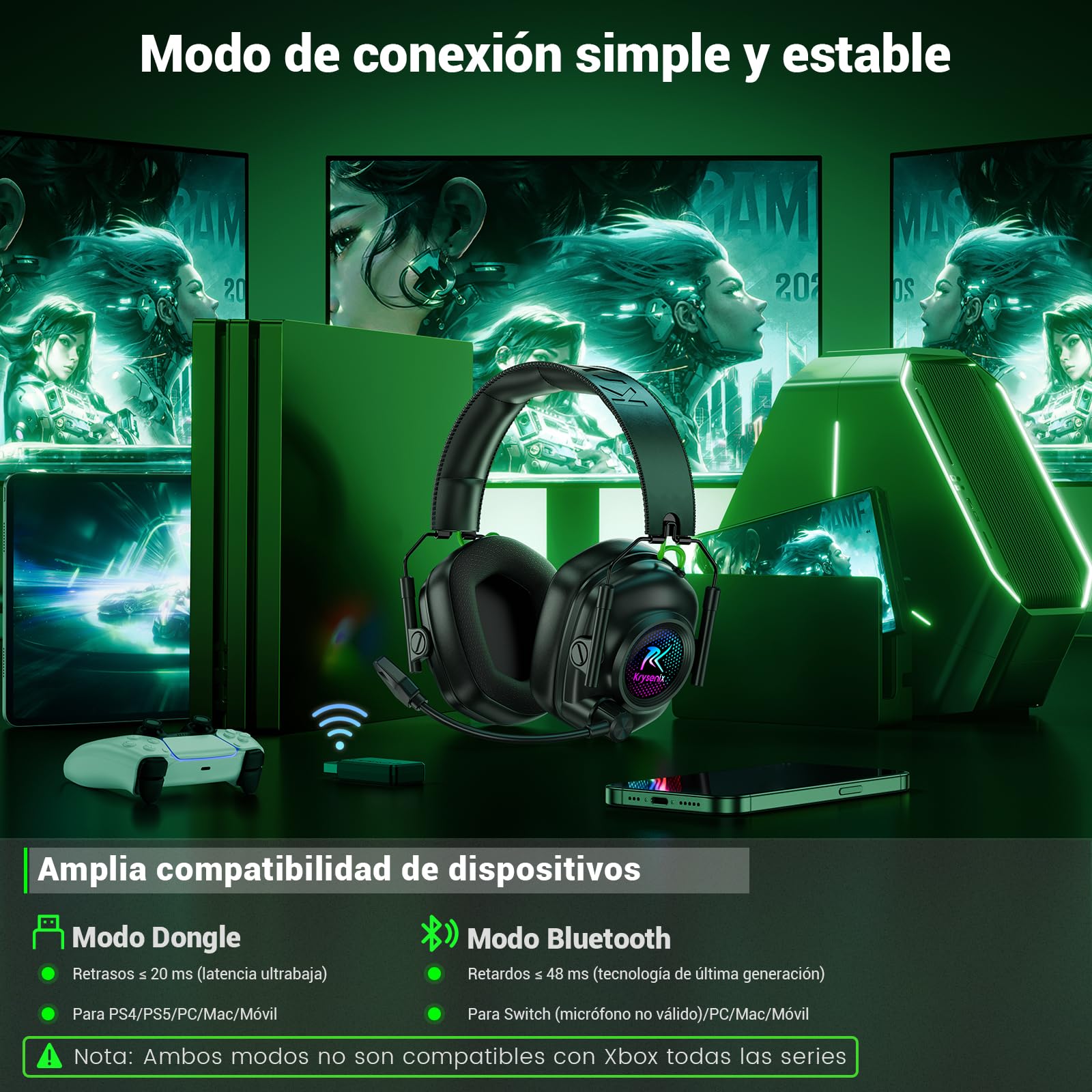 Krysenix KGH2 Cascos Gaming Inalámbricos, 2.4 GHz Auriculares Gaming para PS4, PS5, PC, Mac, Switch, Auriculares Bluetooth con Micrófono, Cancelación de Ruido, Luz LED y Duración 40Hr+, Negro