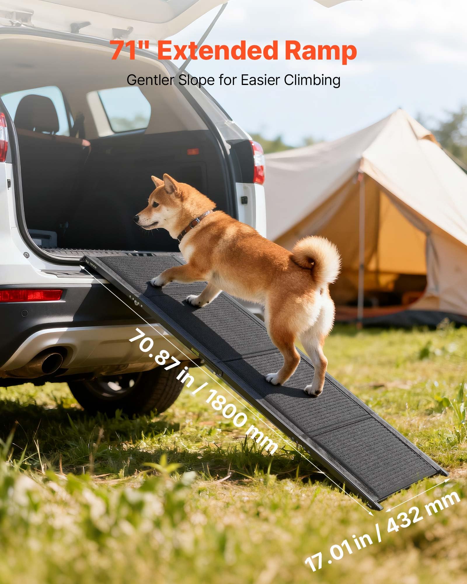 VEVOR Rampa Plegable para Perros para Coches, 180 x 43,2 cm, para Perros Medianos y Grandes de hasta 113 kg, con Superficie de Fieltro Antideslizante, Portátil para Exteriores, SUV y Camiones