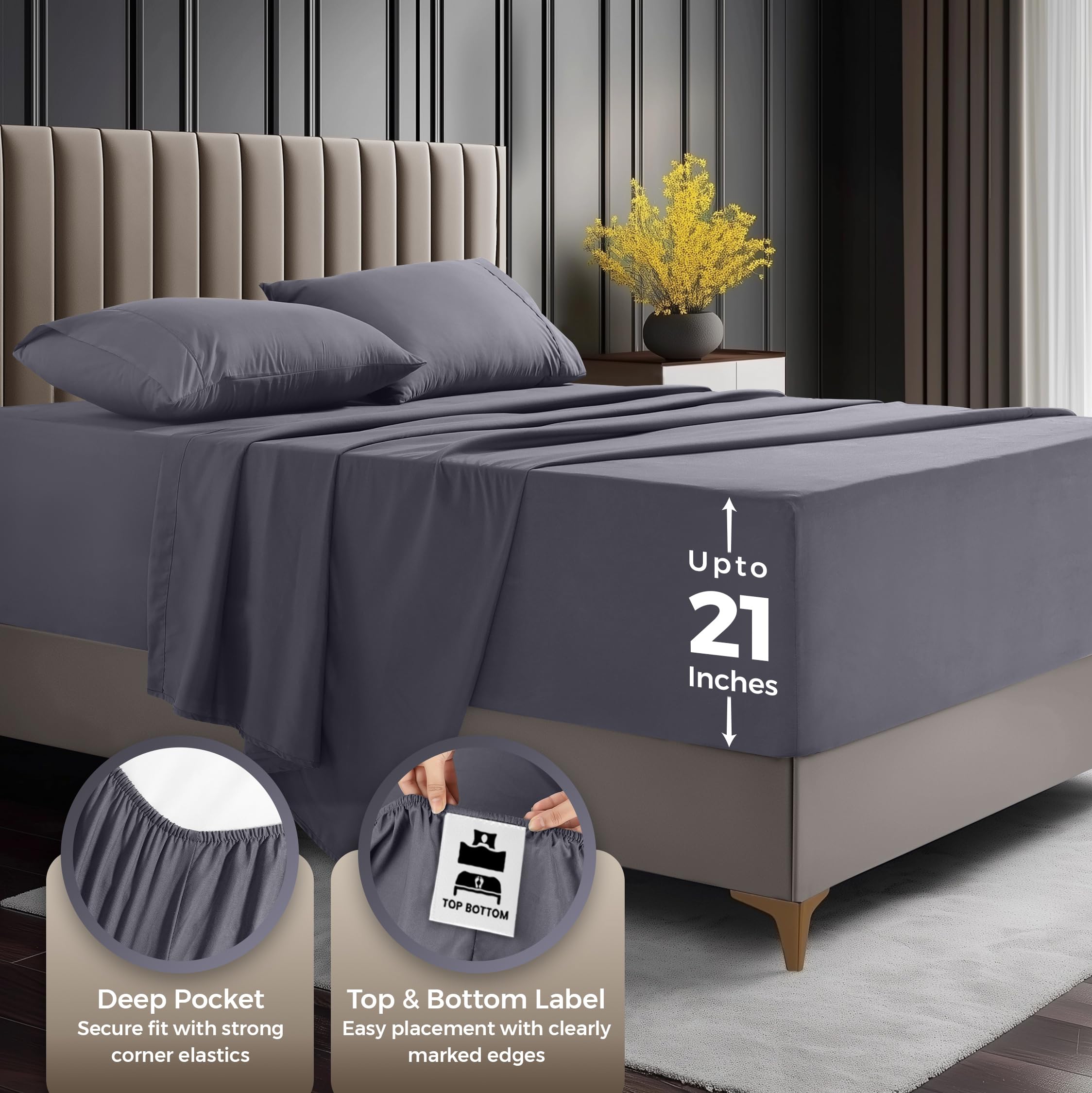 Utopia Bedding Deep Pocket Queen Sheet Set – Fits Mattresses Up to 21 inches – Cooling, Soft & Breathable – Oeko-Tex 4 Piece Bed Sheets (Grey)