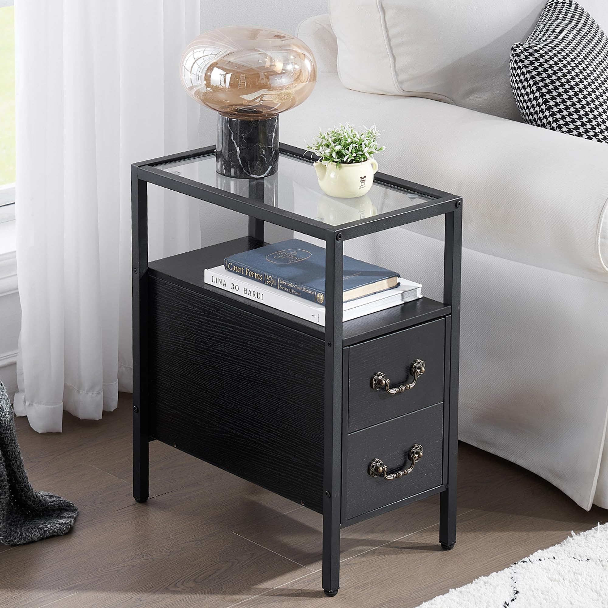 VECELO End Tables, 24" Height Narrow Nightstands, Modern Tall Night Stand with Drawers and Shelf for Living Room, Bedroom,Tempered Glass