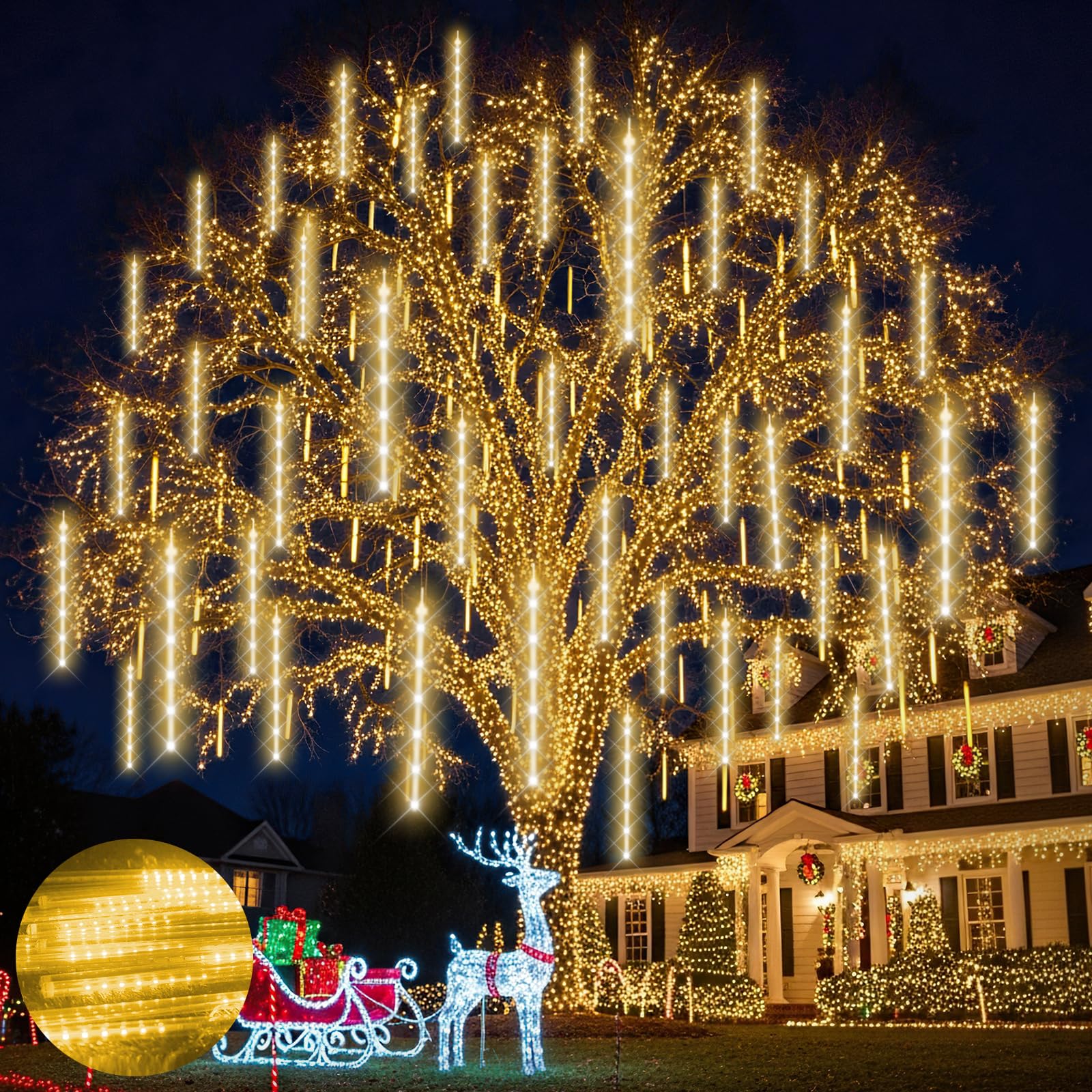 Ehomfory Outdoor Christmas Lights 15 Tubes 540 LED Meteor Shower Lights Waterproof Energy Saving Safe Christmas Lights Outdoor Christmas Decorations for Xmas Tree Halloween Party, Warm White — image 1