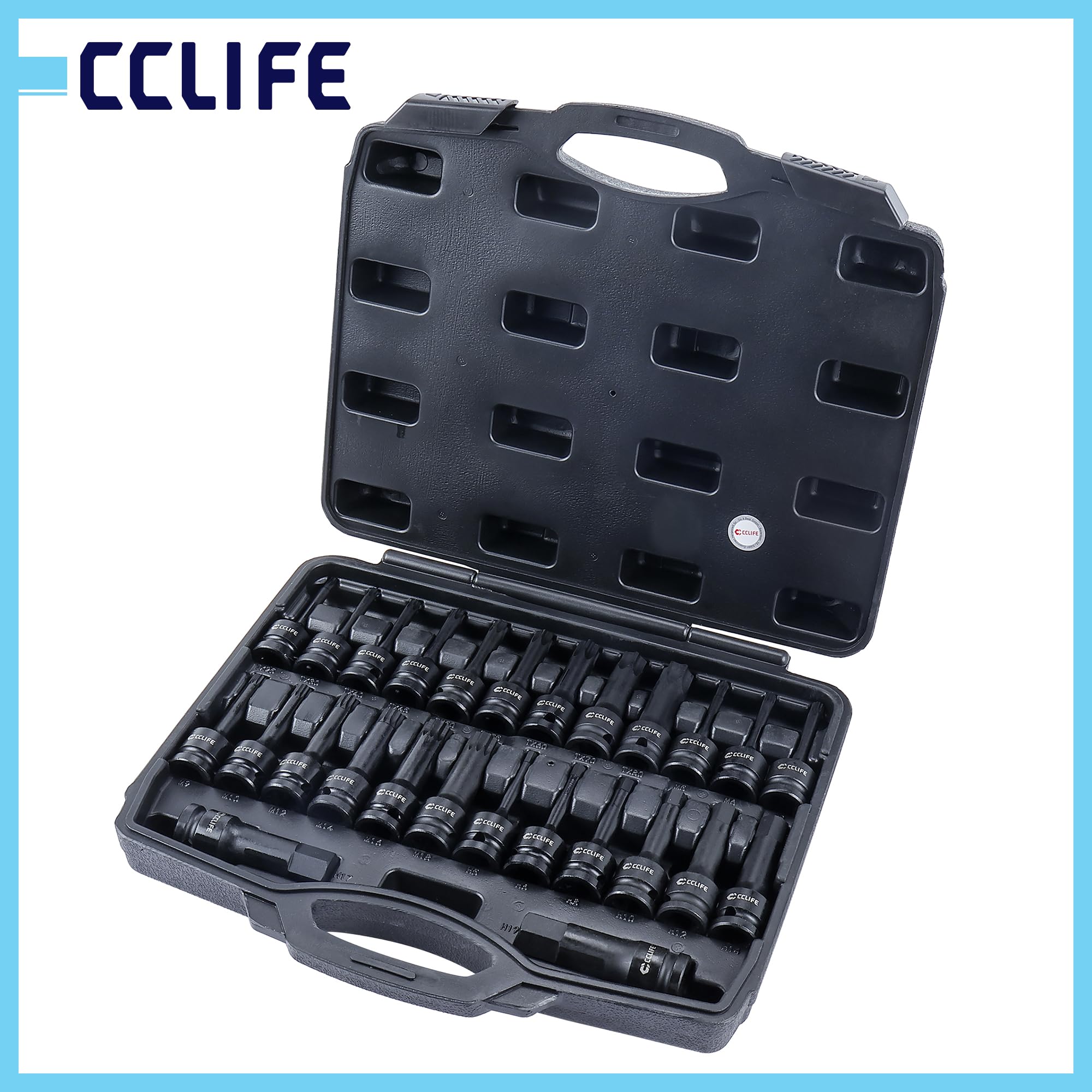 CCLIFE Wkrętarka udarowa zestaw bitów 1/2" Torx z łbem sześciokątnym Spline26-częściowy CR-MO | Zestaw kluczy nasadowych z profilami Torx, gniazdem sześciokątnym i profilami splajnowymi do pojazdów i prac warsztatowych