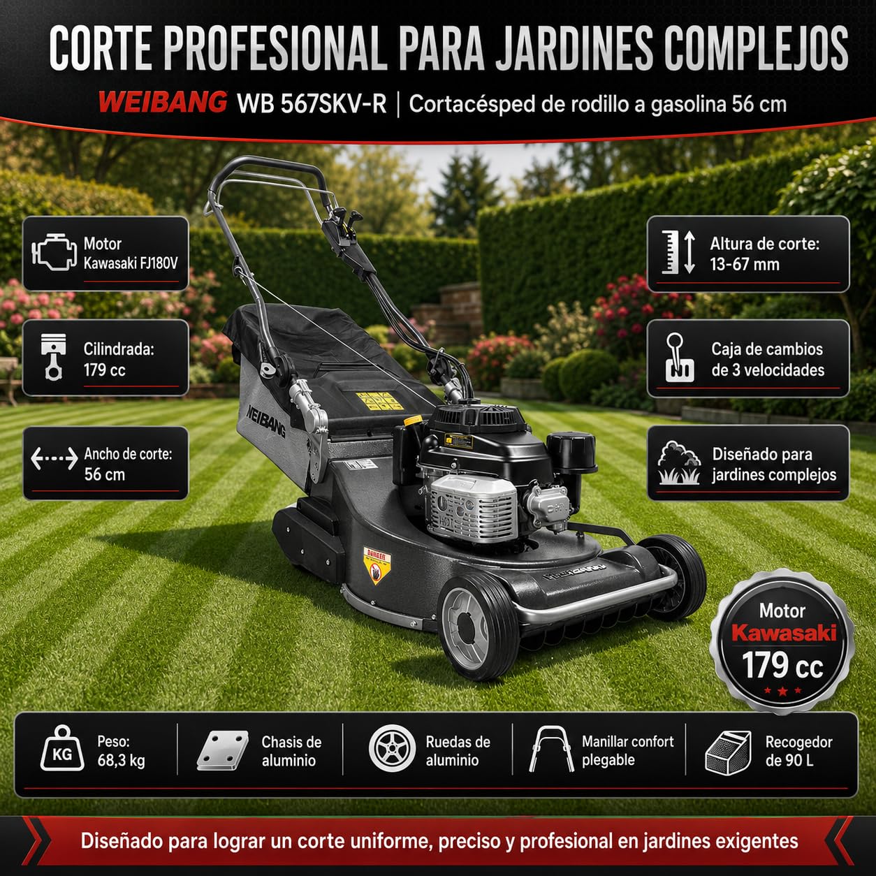 WEIBANG Cortacésped a Gasolina WB 567SKV-R, Motor Kawasaki 179 CC, Corte 56 cm, Chasis de Aluminio, 3 Velocidades, Saco 90 l
