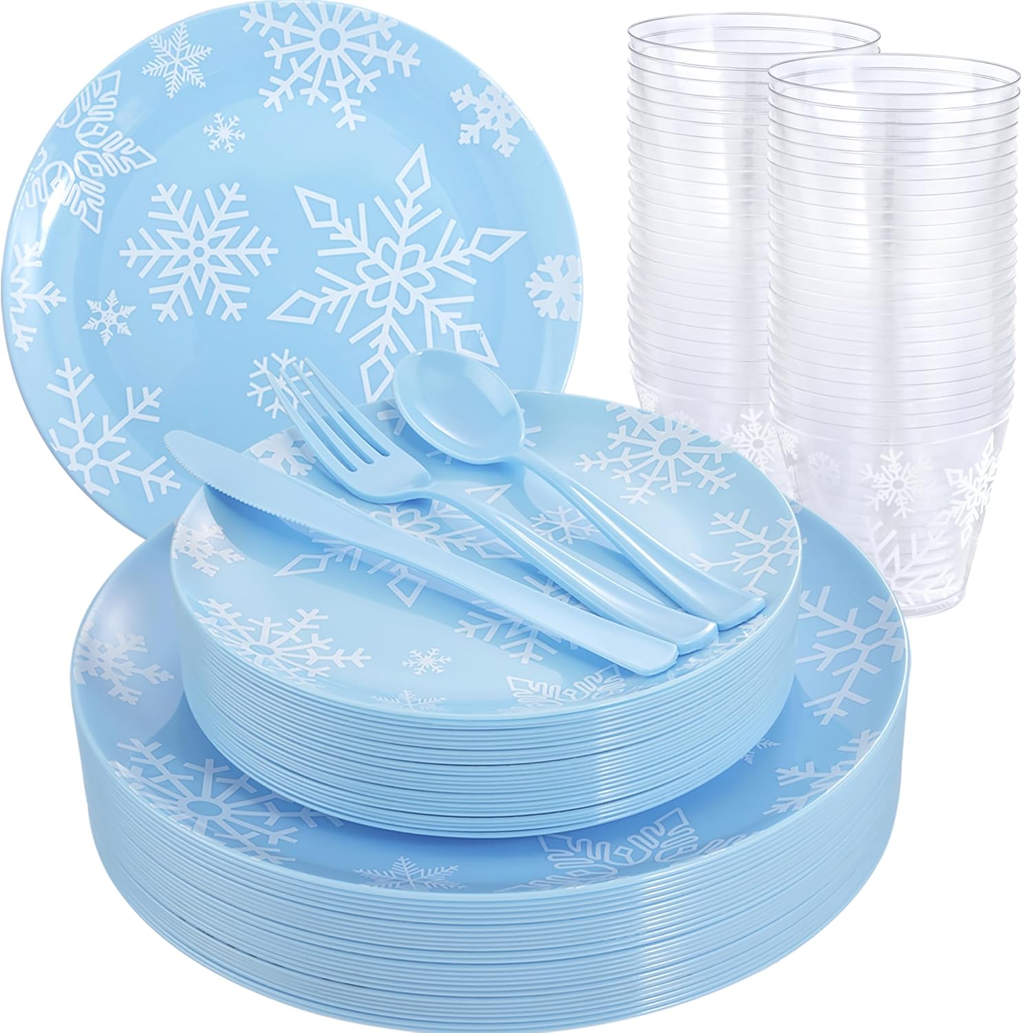 KIRE 150pcs Snowflake Christmas Plastic Plates 75pcs Blue Plastic Silverware