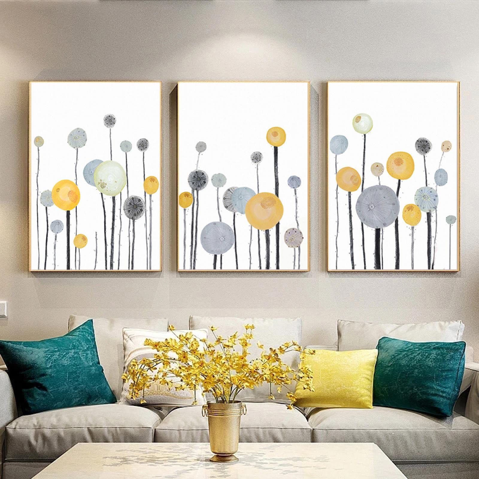 Carteles amarillos - Pintura en lienzo de flores de colores Árbol geométrico abstracto Carteles de plantas amarillas Impresiones Arte de la pared Imagen Decoración 30x40cm (12x16in) x3 Con marco
