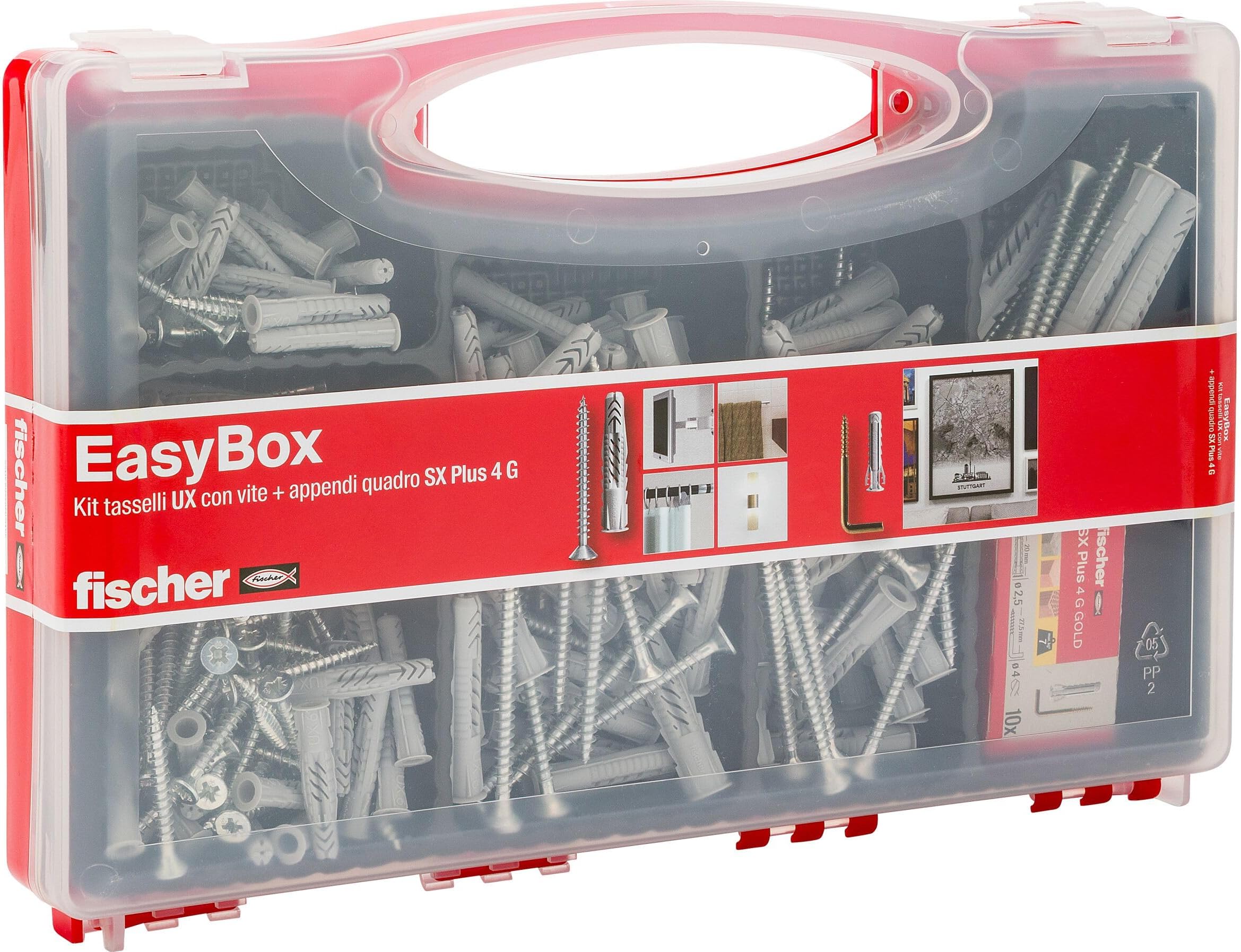 Fischer 513433 Kit Easy Box Assorted Dowels and Screws for Mounting on Murature Full, Grey, Set of 136 Pieces