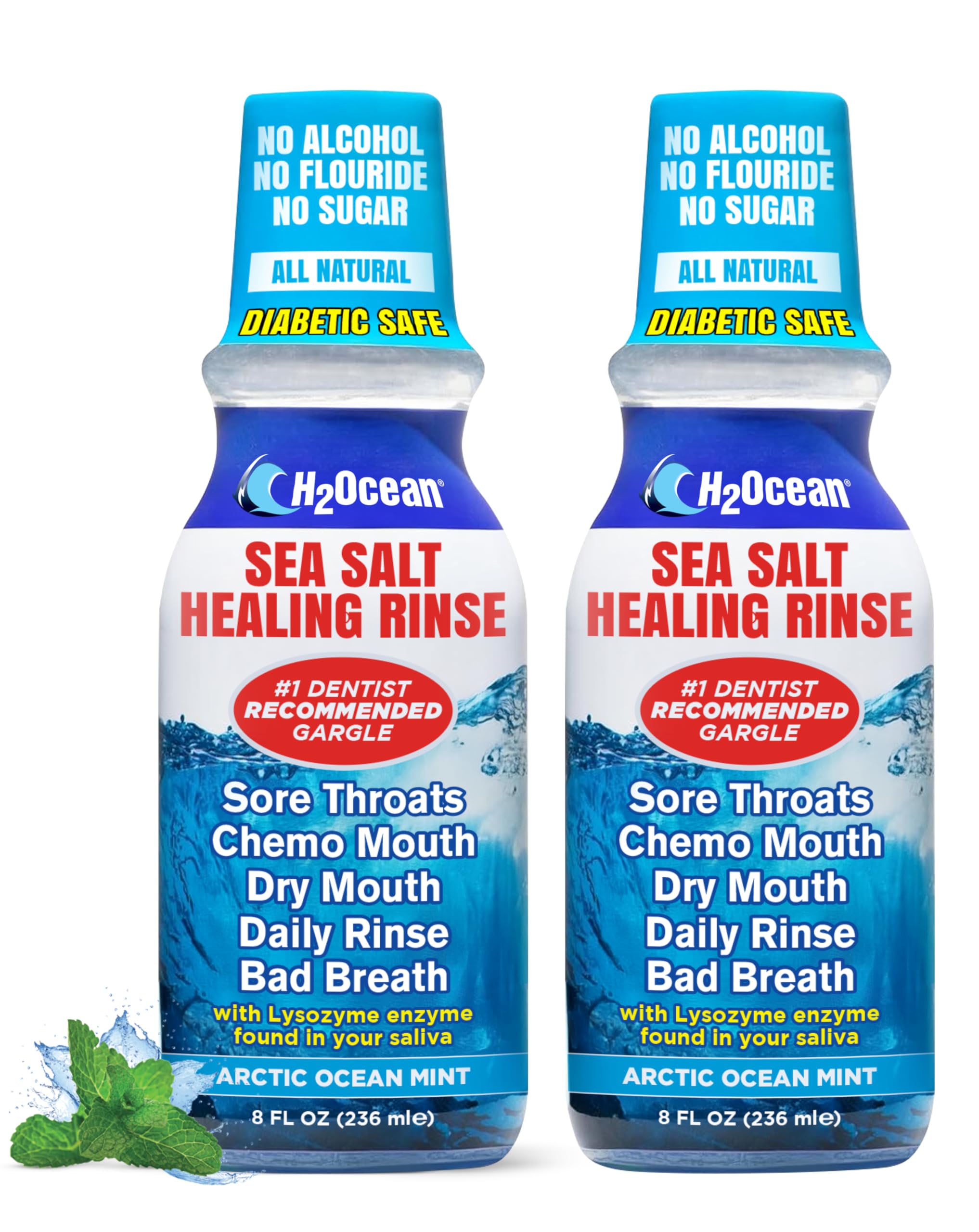H2OceanHealing Rinse Mouthwash - Great Tasting Sea Salt & Xylitol Mouth Wash for Fresh Breath & Dry Mouth - Alcohol & Fluoride Free - Arctic Ocean Mint 8oz (Pack of 2)