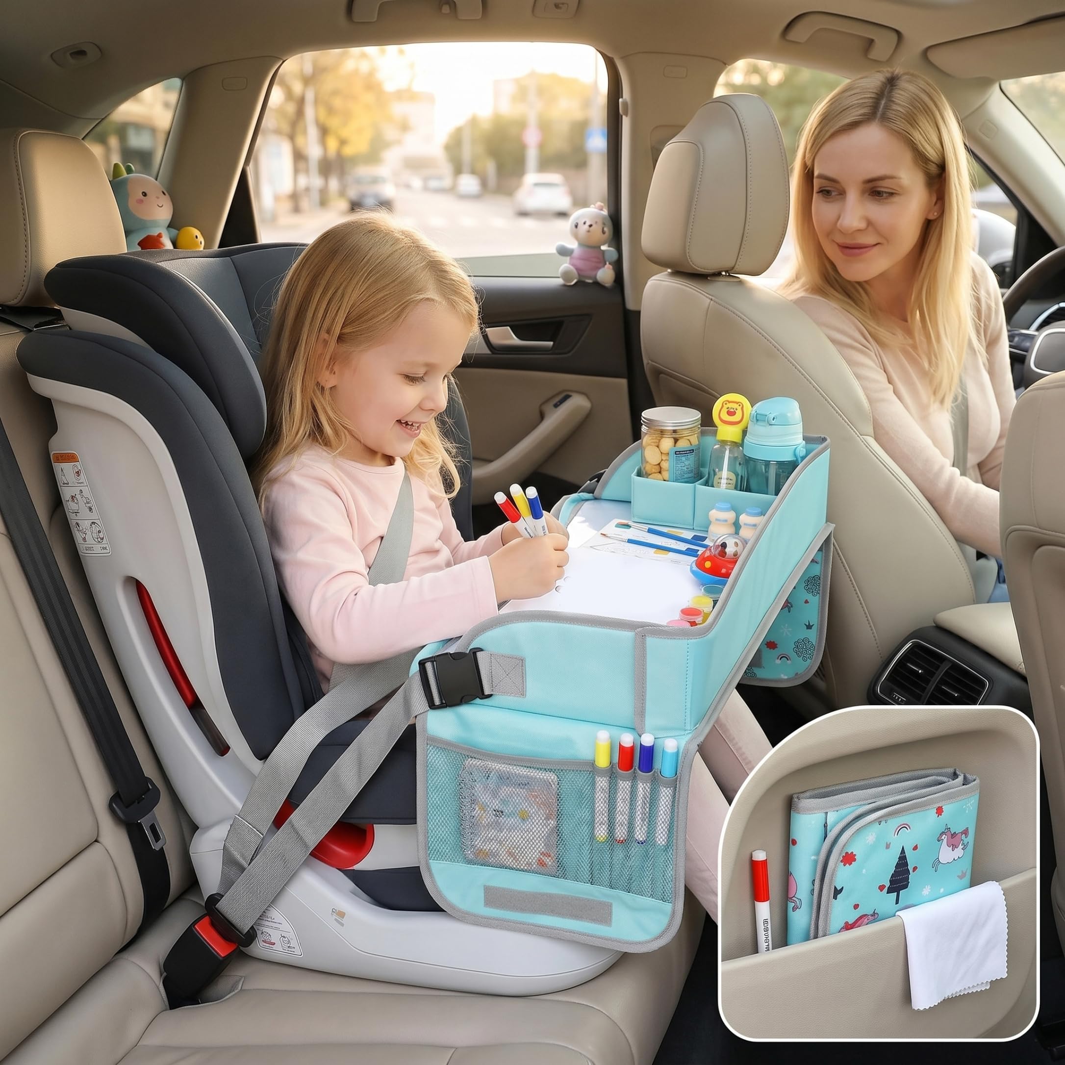 Vassoio da viaggio per bambini Vassoio per seggiolino auto pieghevole per ragazze e ragazzi, verde, tavolo da disegno con tasche portaoggetti