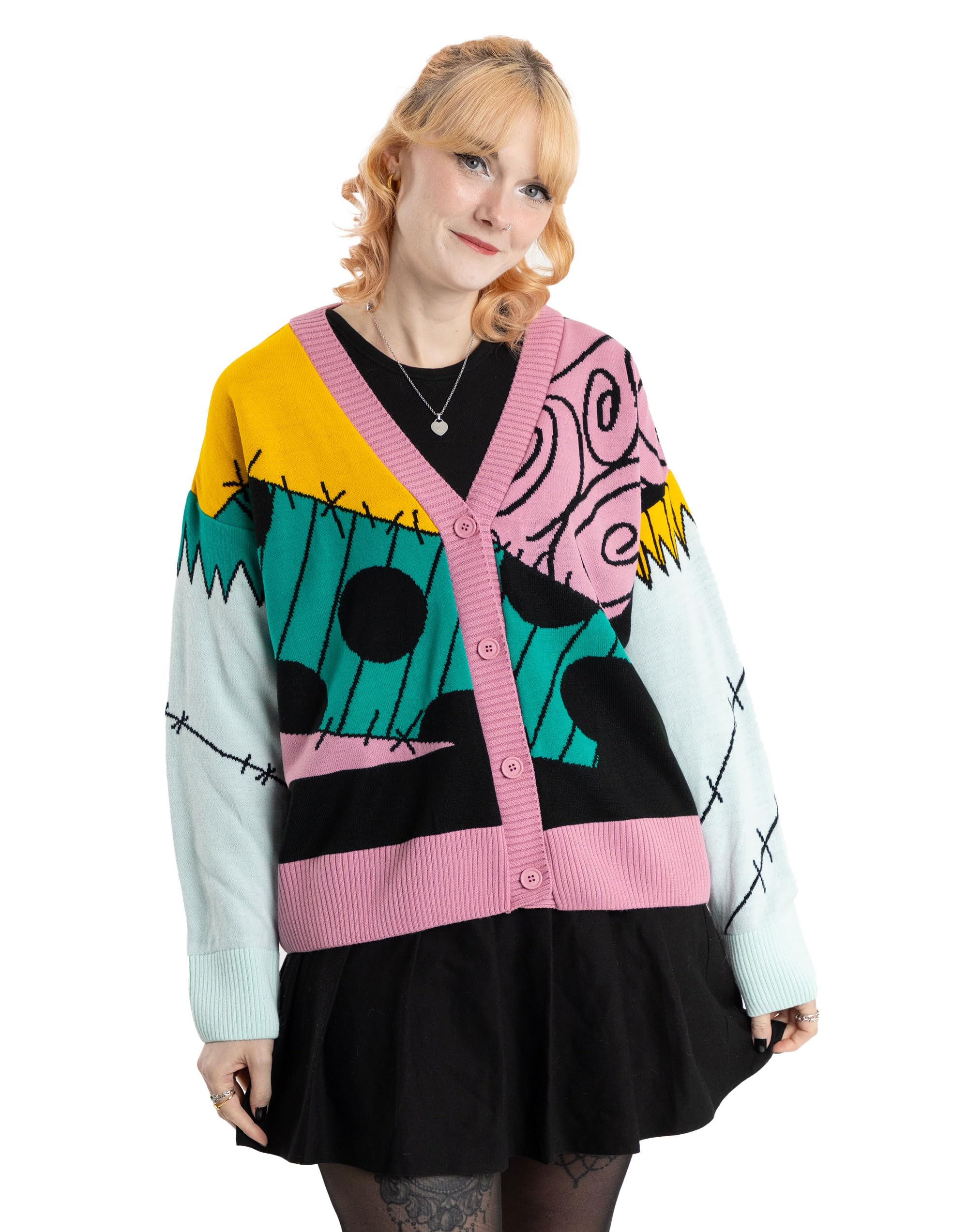 Disney The Nightmare Before Christmas Sally Womens Long Sleeve V Neck Cardigan | Multicoloured Button Front Design Movie Inspired Casual Wear Merch - Large
