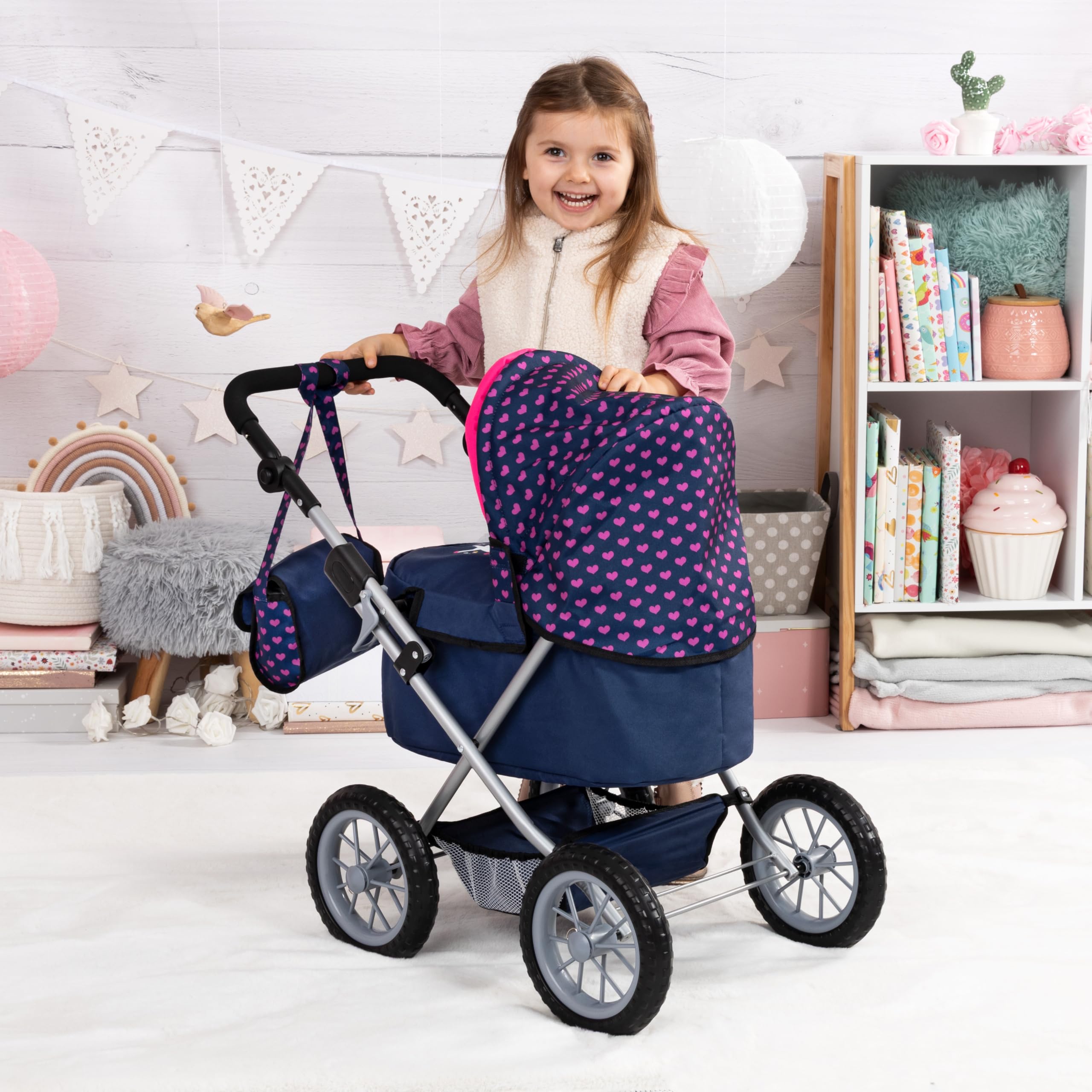 Bayer Design 13054AA Carrozzina per Bambole e Bambolotti, Passeggino per Bambola con borsa, pieghevole, regolabile in altezza blu con unicorno