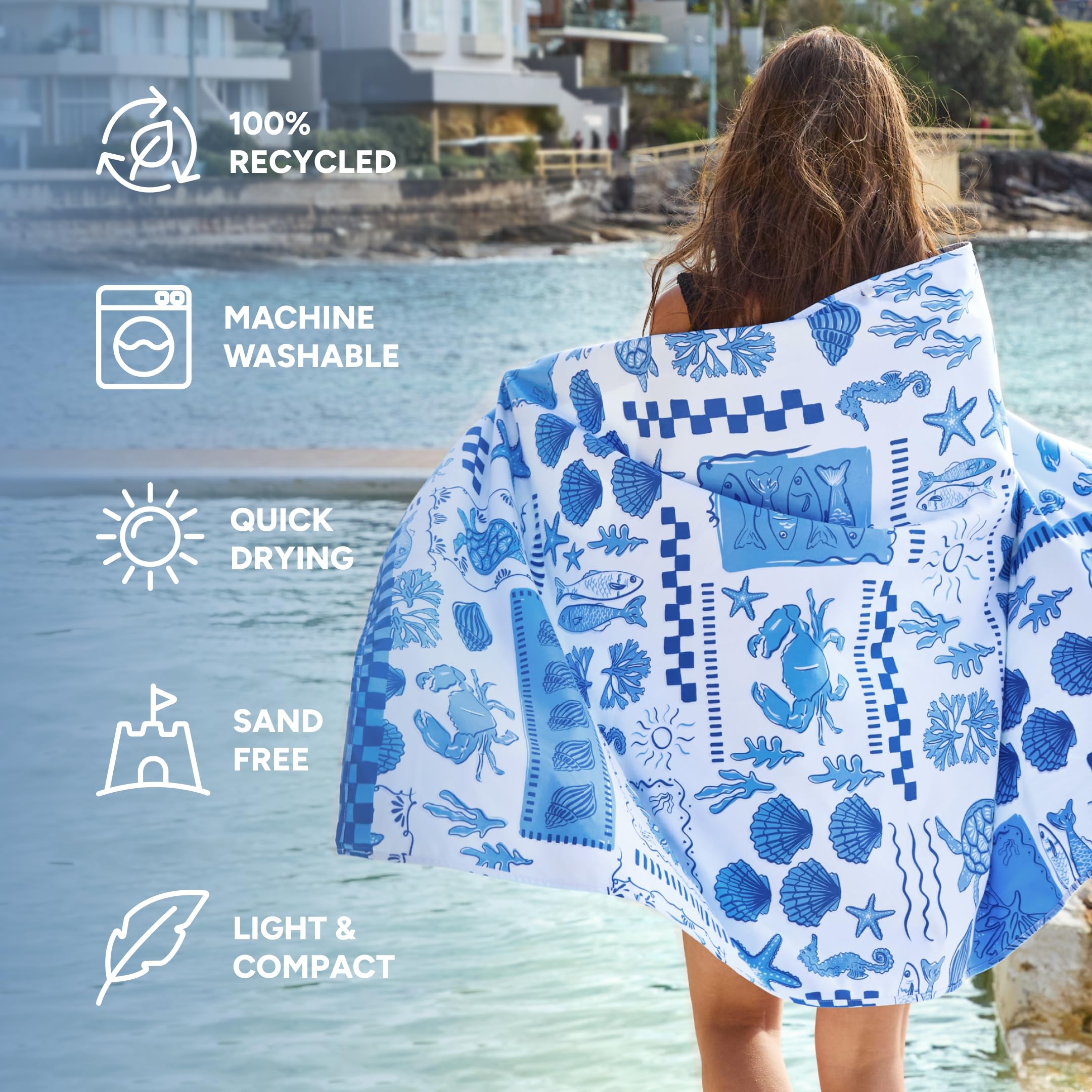 Dock & Bay Strandtuch - Schnell trocknend, sandfrei - Kompakt, leicht - 100% recycelt - Inklusive Tasche - Grecian Shores - Extra groß (200 x 90 cm)