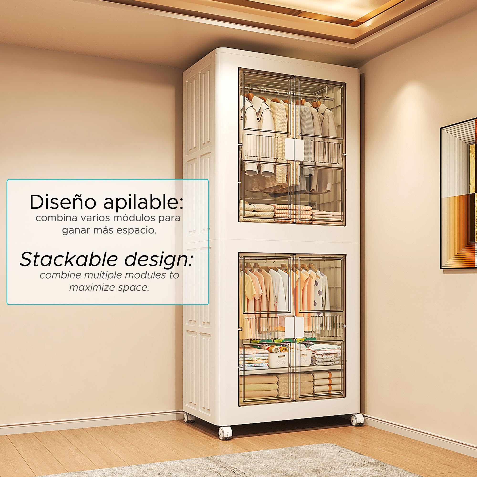 Well Home Cajas de almacenaje apilables con puerta frontal, Organizador modular plegable con ruedas, Modularidad eficiente, Multiespacios, Armario plegable con 1 Compartimento