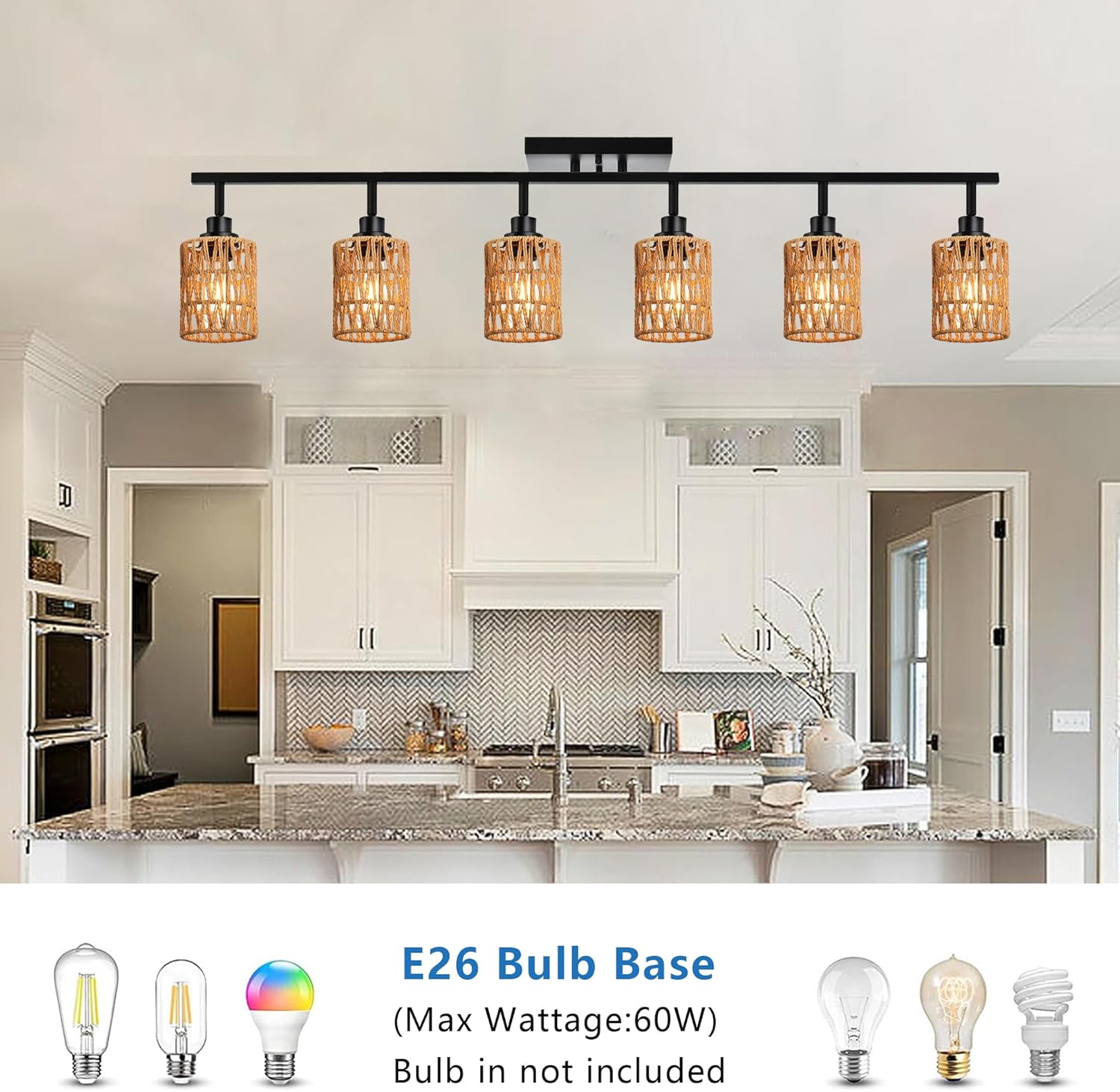 MELUCEE Ceiling Track Lighting Kits 6 Light Farmhouse Bathroom Light Fixtures with Flexibly Rotatable Light Head, Black Spotlights with Rattan Lamp Shade for Hallway Porch Foyer Bath