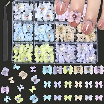 Bow Nail Charms - Champagne, AB, White, Heart Rhinestones for Acrylic Nails, with Kit, for Nail Art, DIY Crafts Decor