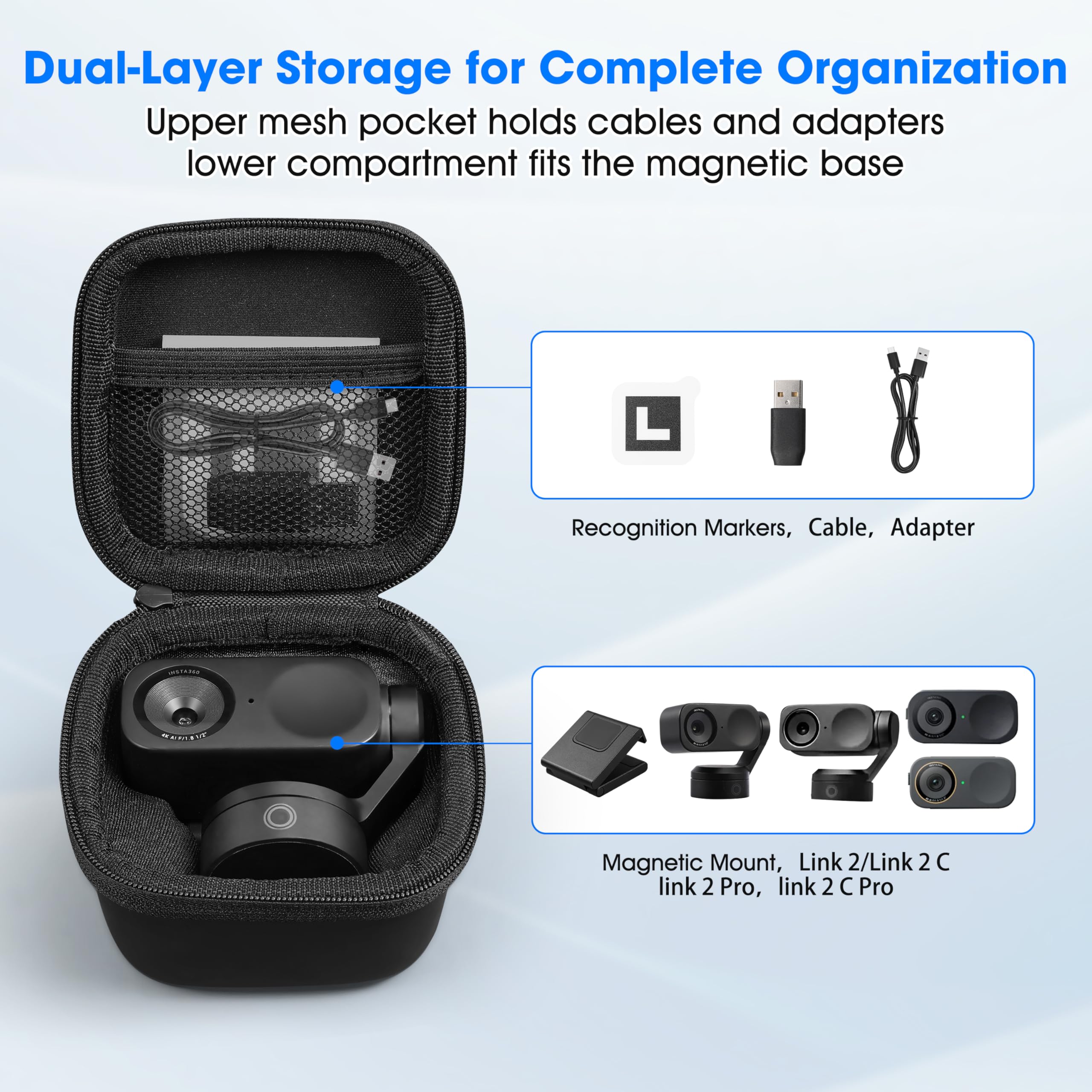Étui de transport pour webcam Insta360 Link 2/2C, sac de rangement étanche en polyuréthane pour Insta 360 Link 2 Pro/2C Pro, accessoires avec organisateur double couche pour support magnétique, câble