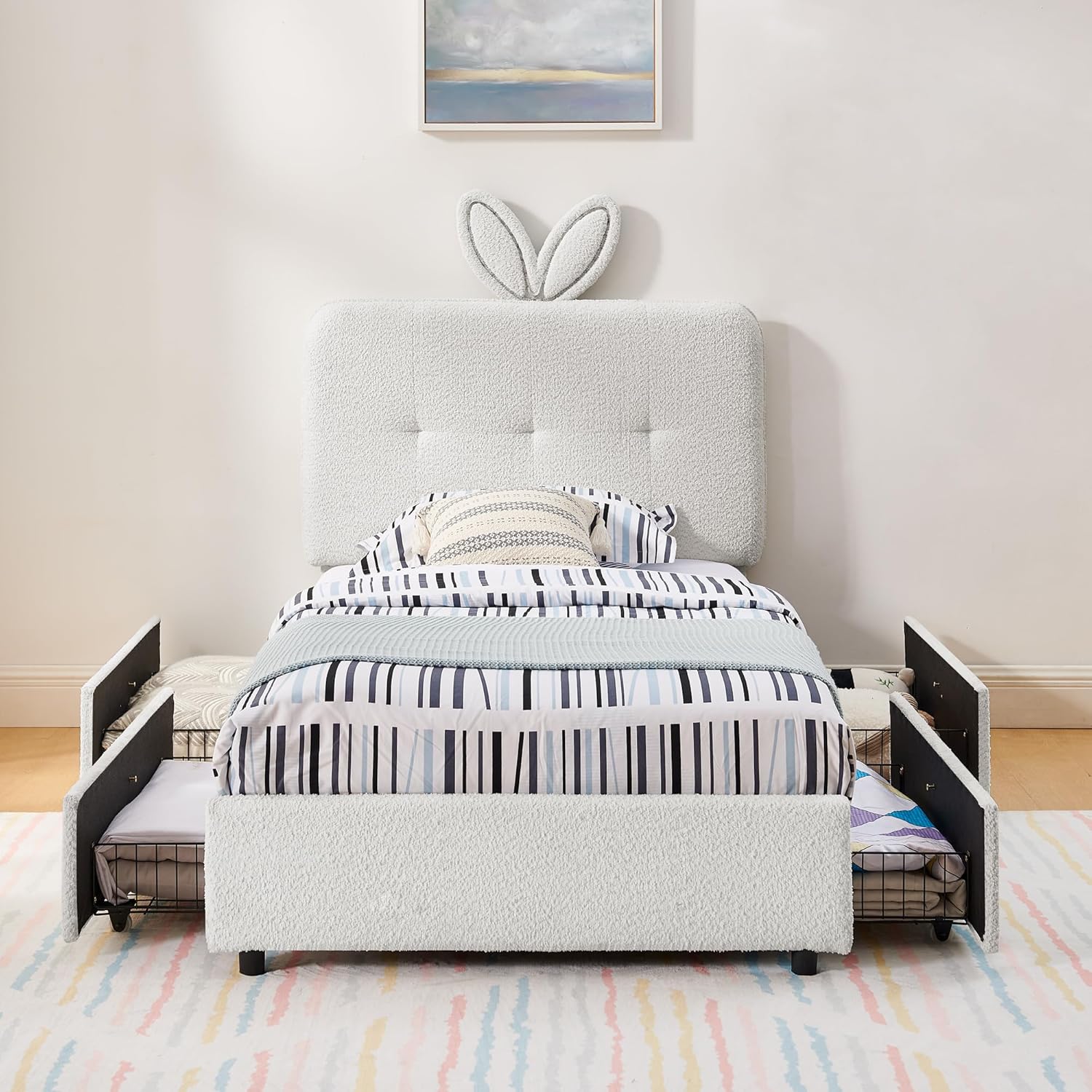 Twin Size Platform Bed Frame, Upholstered Bed Frame with Rabbit Ear Headboard, Boucle Montessori Beds with LED Lights & Bluetooth Music, for Bedroom, Apartment, Easy Assembly, Beige