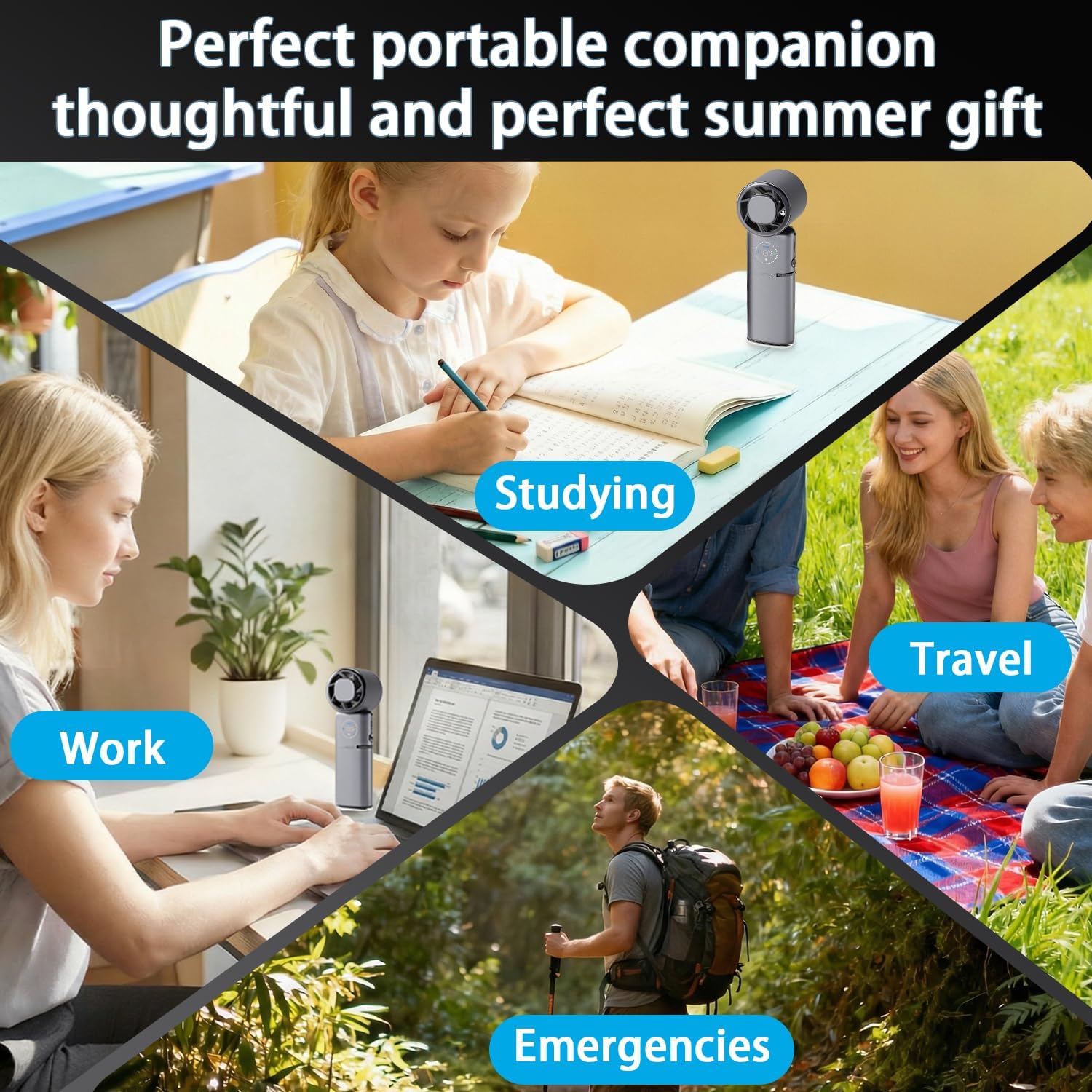 Portable Handheld Fan, 9000mAh Rechargeable Travel Fan as Power Bank, 100 Speed Scroll Wheel, Personal Hand Face Fan for Outdoor & Working, Retractable Wire, Extra-Long Battery Life - Dark Grey