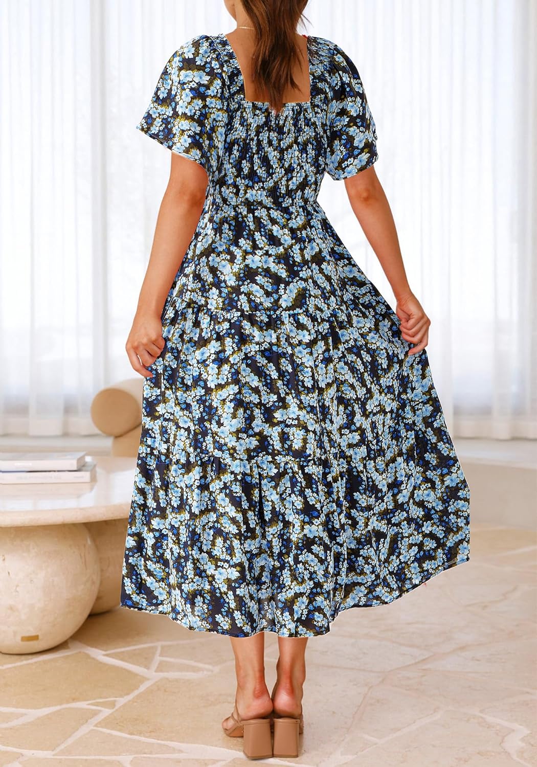 BTFBM Women's Clothing Wedding Guest Dresses Casual Boho Floral Short Sleeve Smocked Maxi Beach Spring Summer Dress 2026 - Image 4