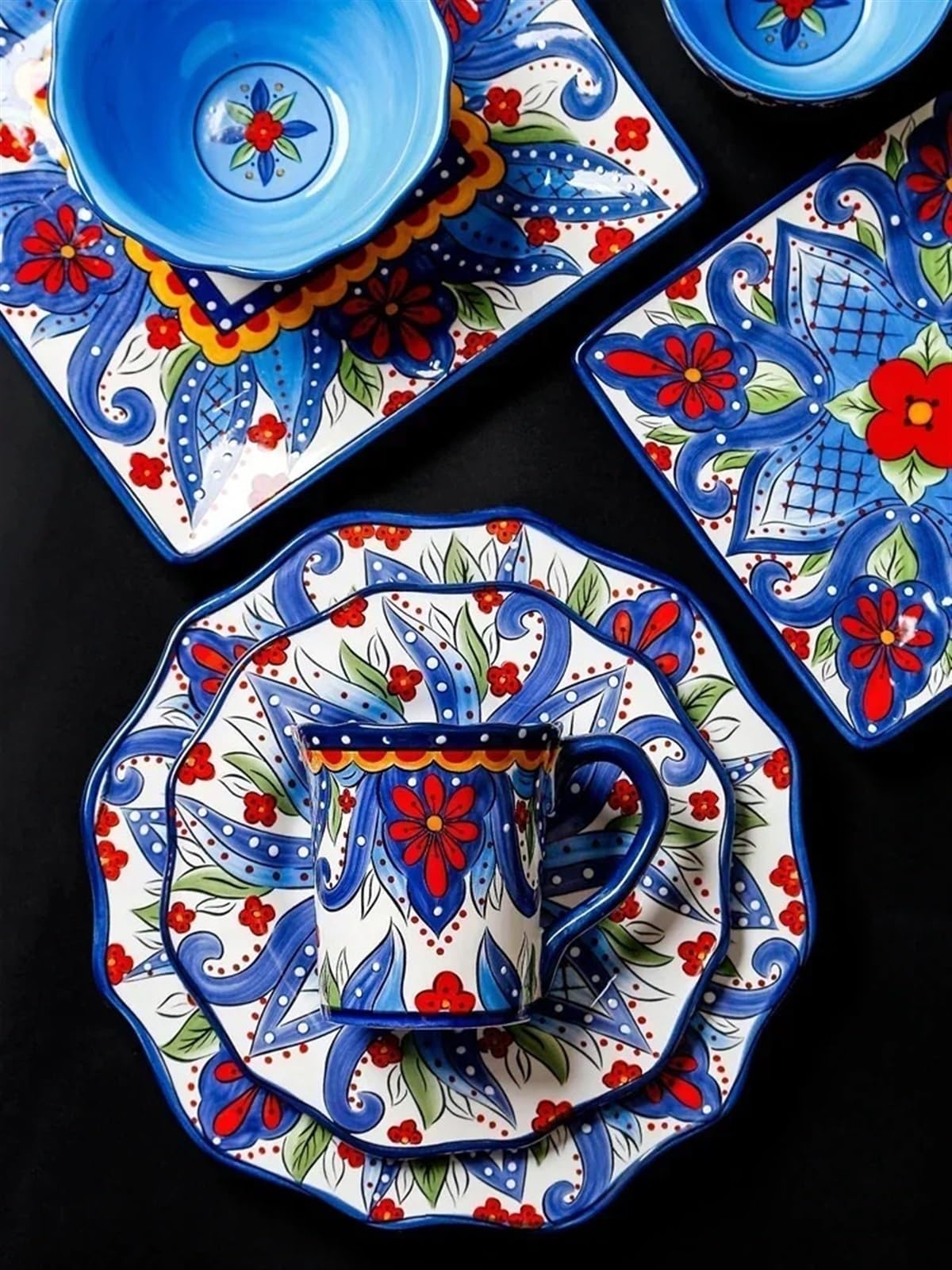 Vaisselle en céramique peinte à la main - Assiette plate en porcelaine colorée sous vernis (Style q)
